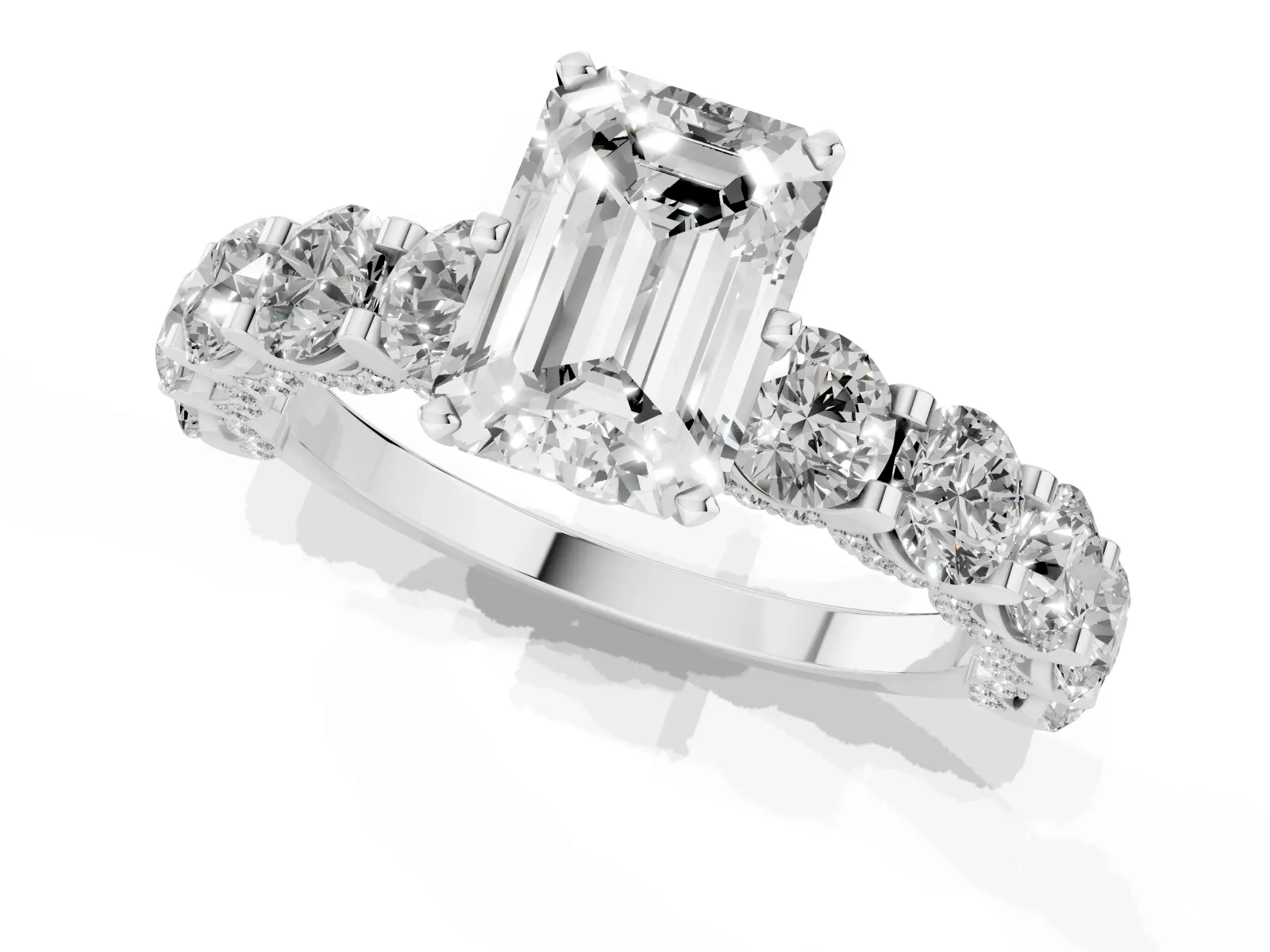 Emerald Cut Diamond Side Stone Engagement Ring with Four-Prong Setting Platinum