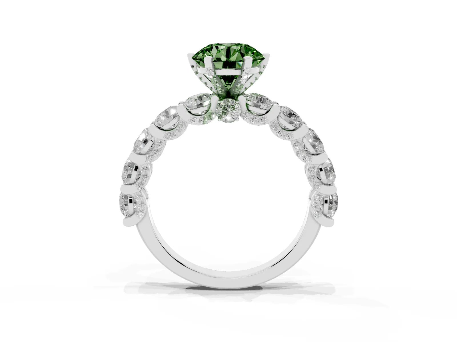 Fancy Green Round Cut Diamond Side Stone Engagement Ring with Four-Prong Setting White gold
