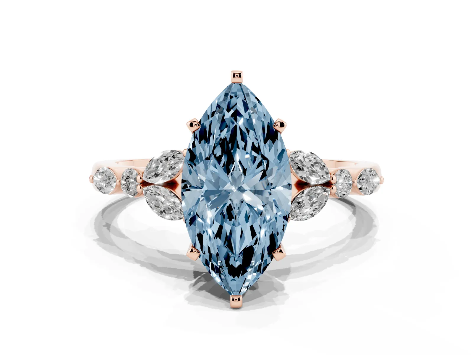 Fancy Blue Marquise Cut Diamond Solitaire Ring with Side Stones and Four-Prong Setting Rose gold
