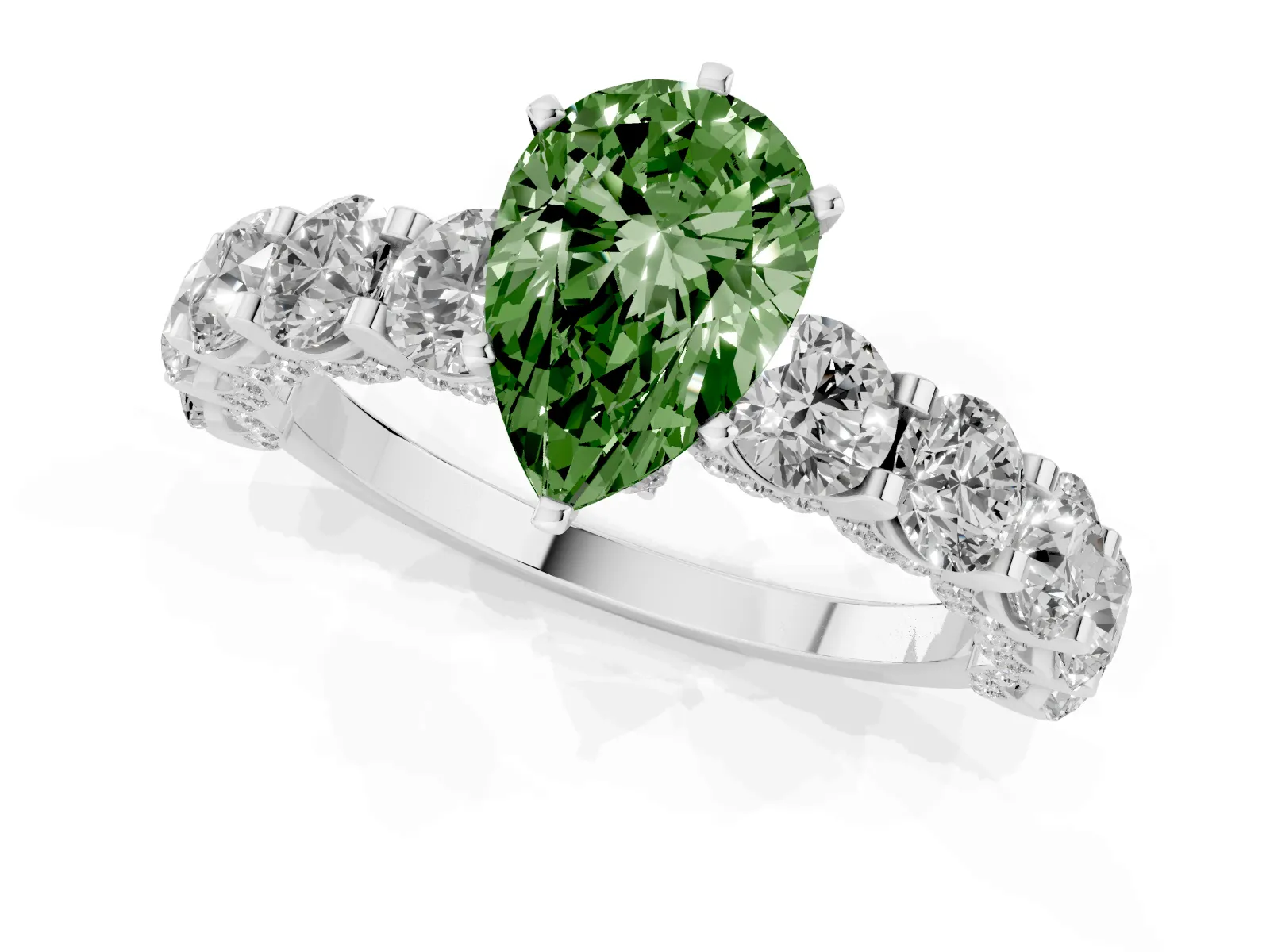 Fancy Green Pear Cut Diamond Side Stone Engagement Ring with Four-Prong Setting Platinum