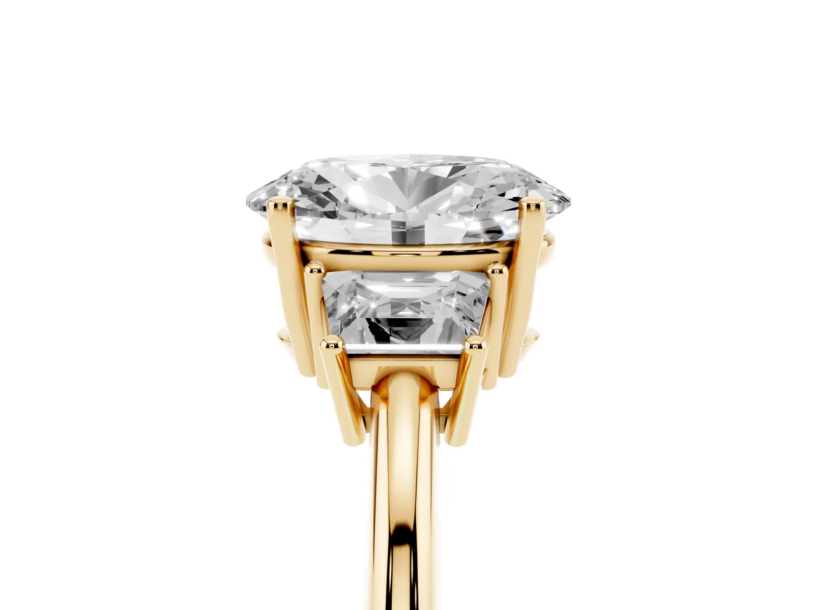 Oval Cut Diamond Three-Stone Ring with Trapezoid Side Stones and Prong Setting Yellow gold