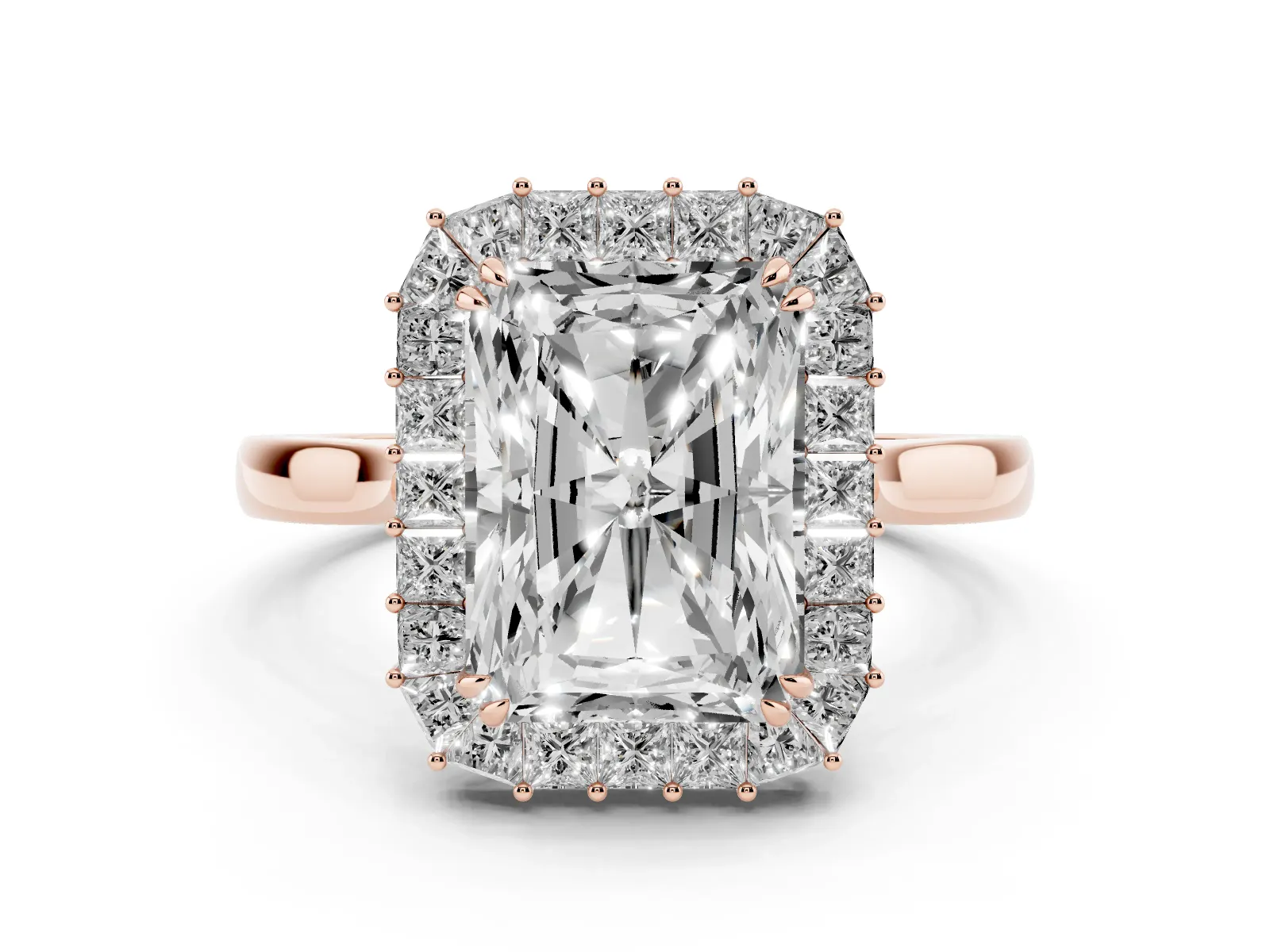 Radiant Diamond Baguette Halo Engagement Ring Rose gold
