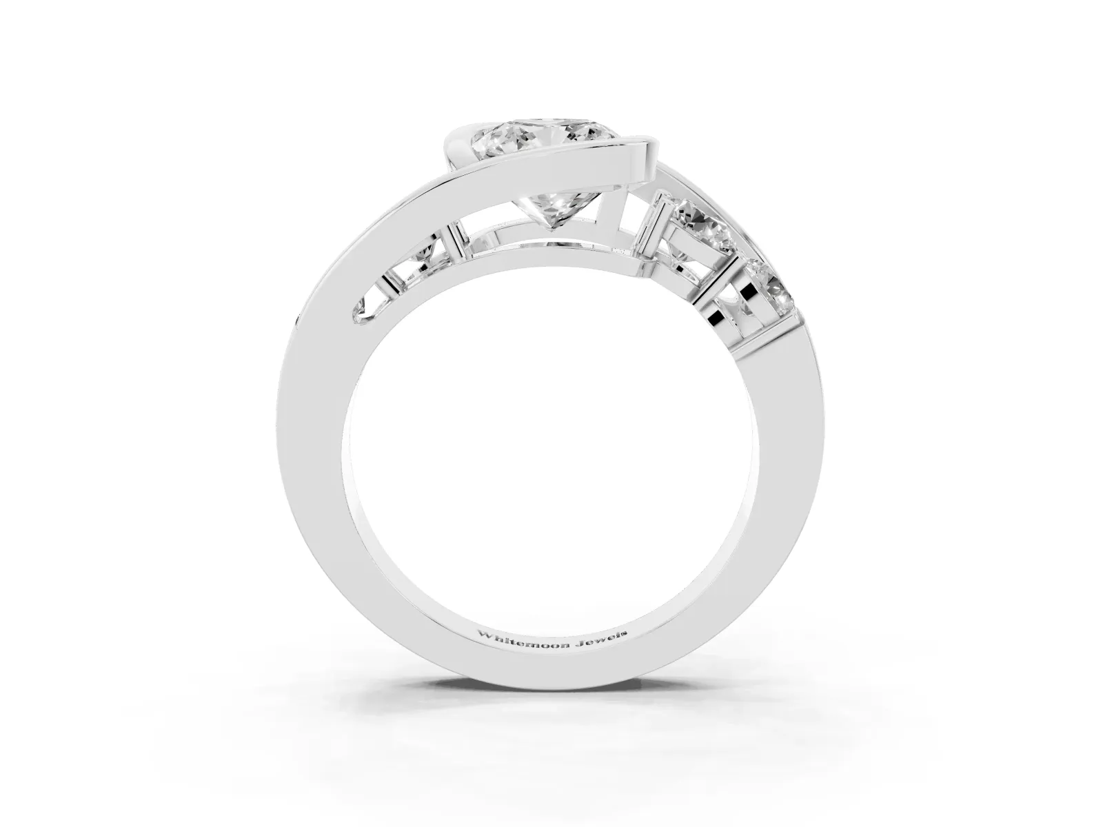 Bezel Set Cushion Cut Diamond Bypass Ring with Round Accents Platinum