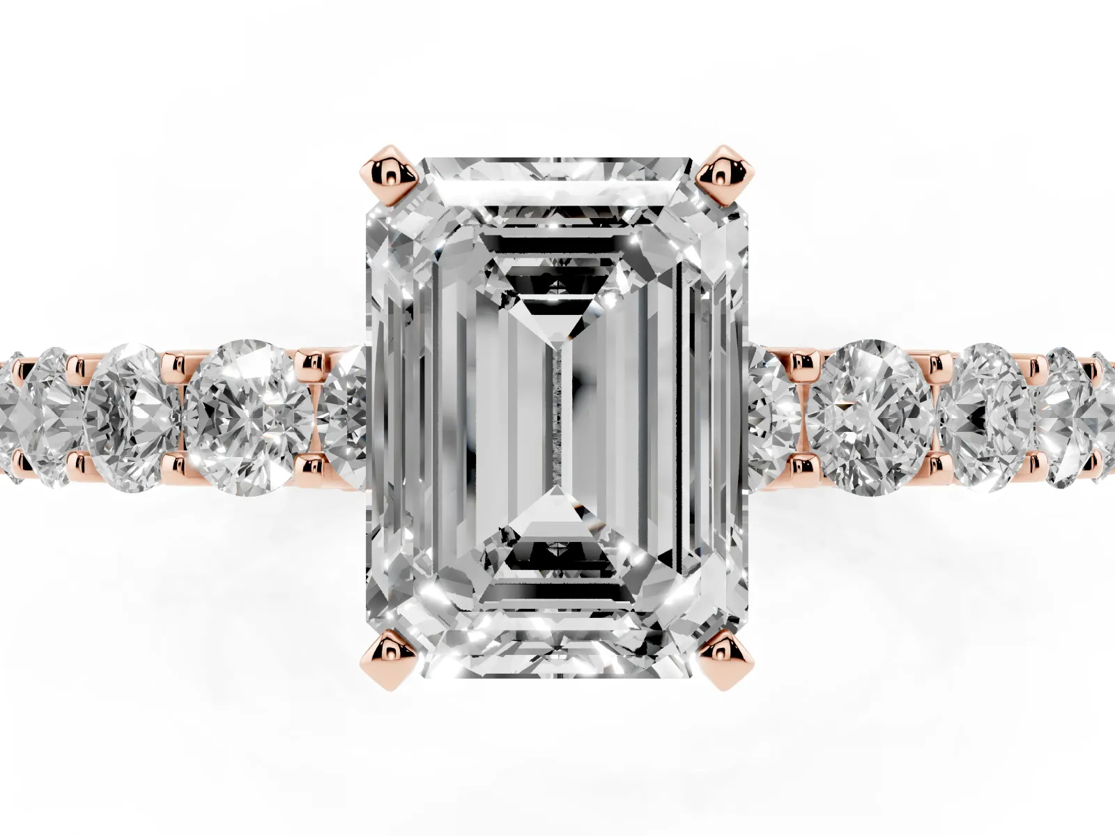 Emerald Cut Diamond Solitaire Ring with Shared Prong Pavé Band and Four-Prong Setting Rose gold