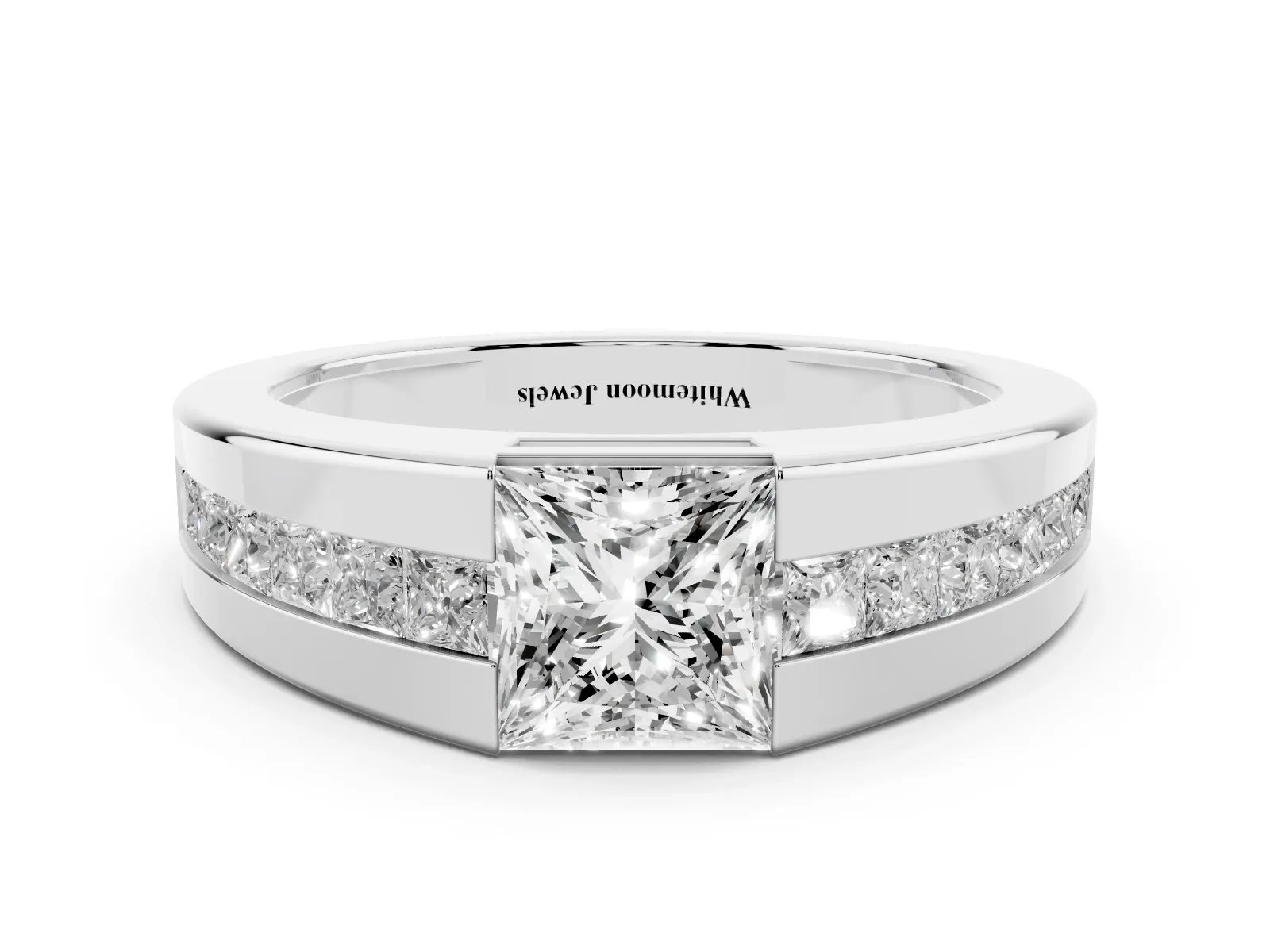 Princess Diamond Channel Set Mens Ring Silver
