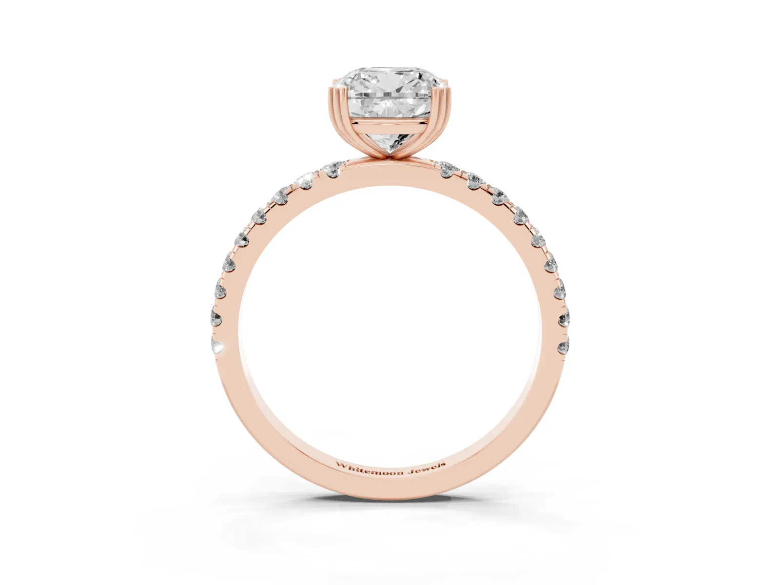 Cushion Cut Brilliant Solitaire with Pavé Band and Claw Prong Setting Rose gold