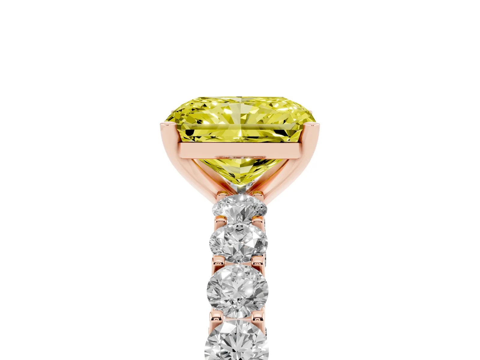 Fancy Yellow Radiant Cut Diamond Solitaire Ring with Shared Prong Pavé Band and Four-Prong Setting Rose gold
