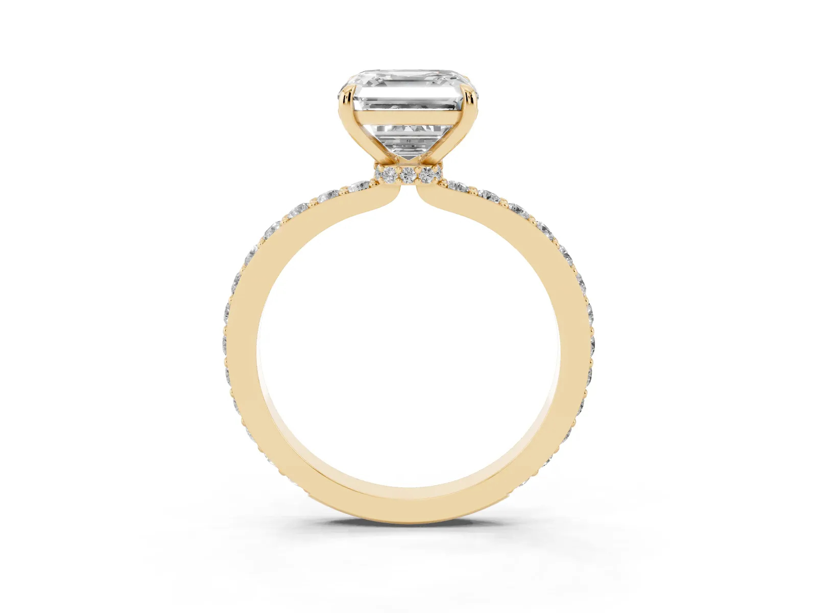 Asscher Cut Diamond Solitaire Engagement Ring with Pavé Band and Four-Prong Setting Yellow gold