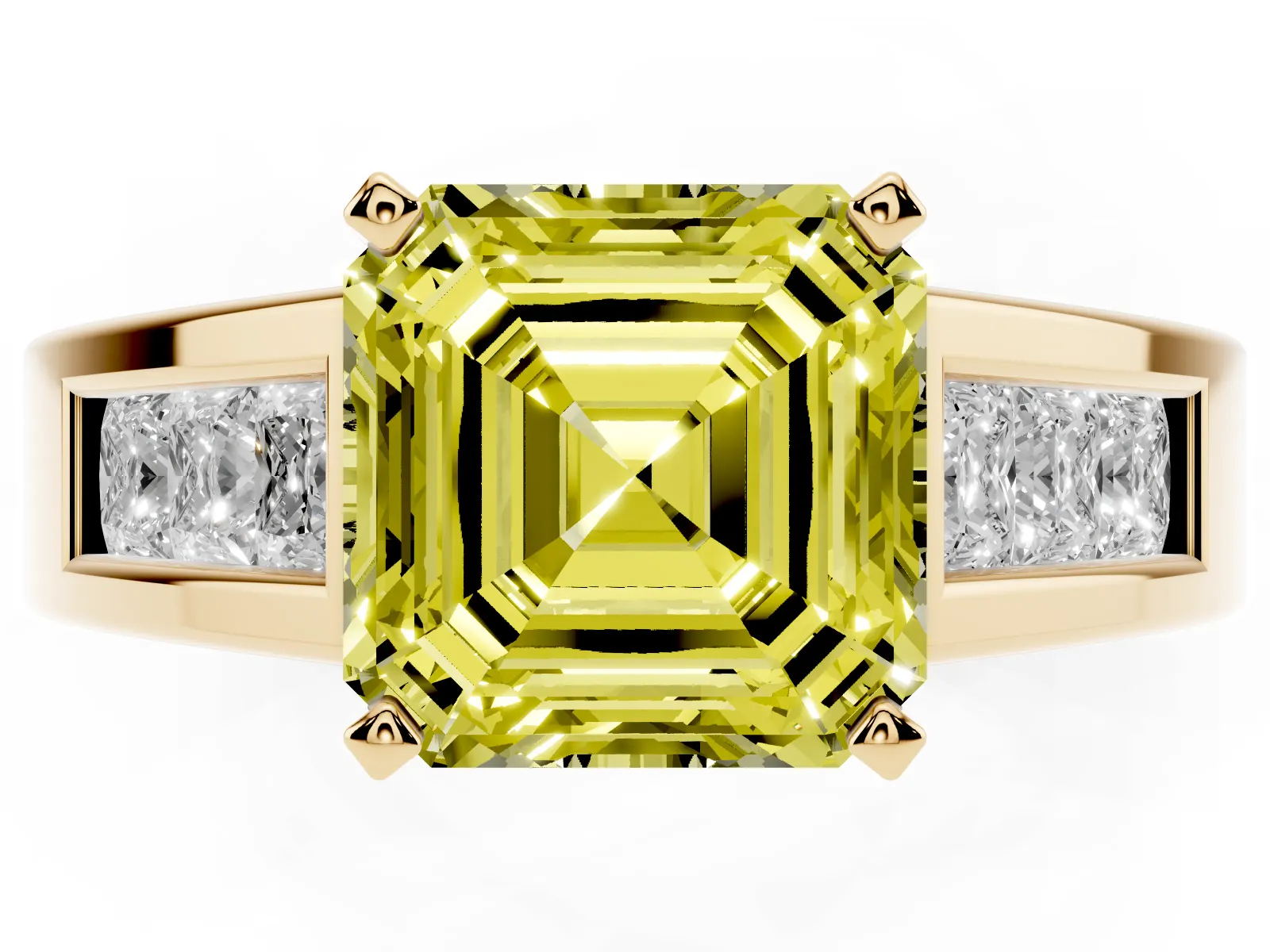 Fancy Yellow Asscher Cut Cut Channel Set Solitaire Ring with Four-Prong Setting Yellow gold