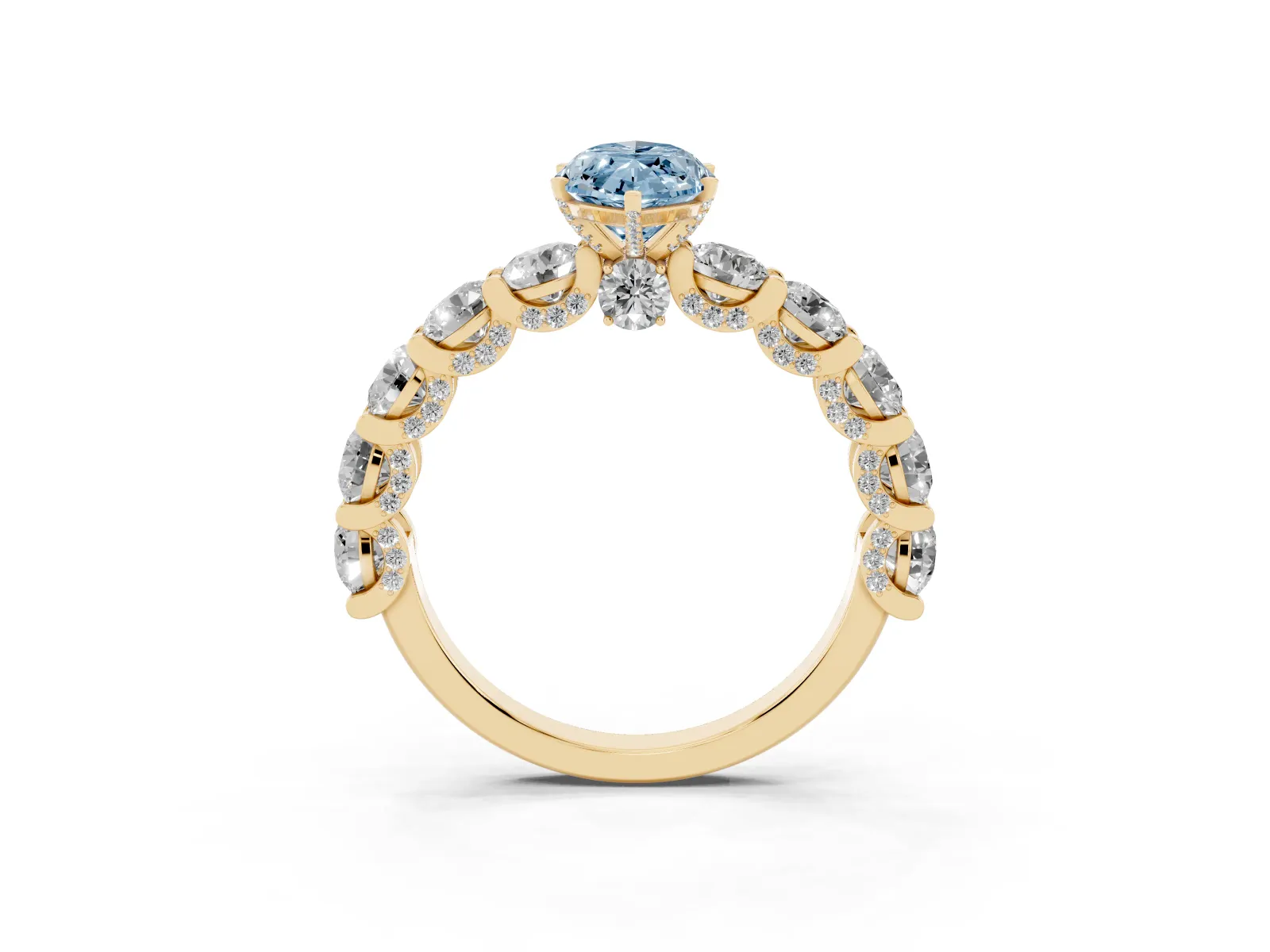 Fancy Blue Marquise Cut Diamond Side Stone Engagement Ring with Four-Prong Setting Yellow gold