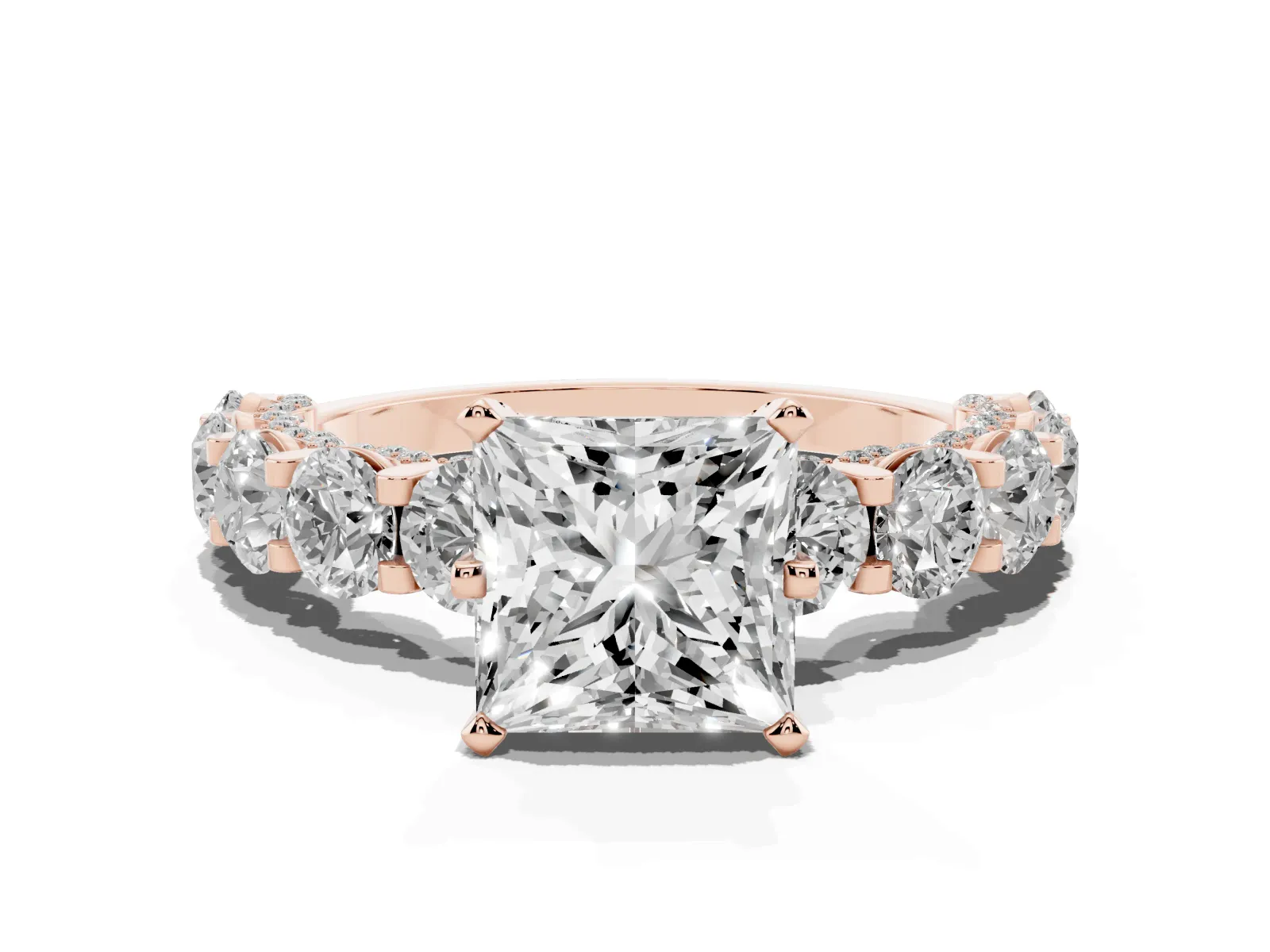 Princess Cut Diamond Side Stone Engagement Ring with Four-Prong Setting Rose gold
