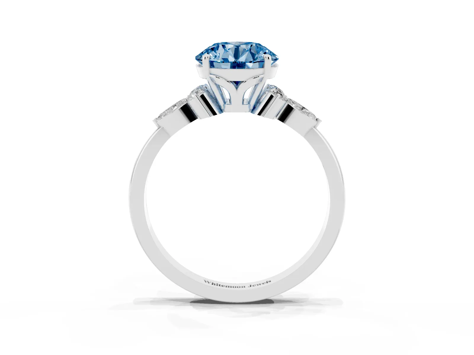 Fancy Blue Round Cut Brilliant Diamond Solitaire Ring with Pear Side Stones and Four-Prong Setting Platinum