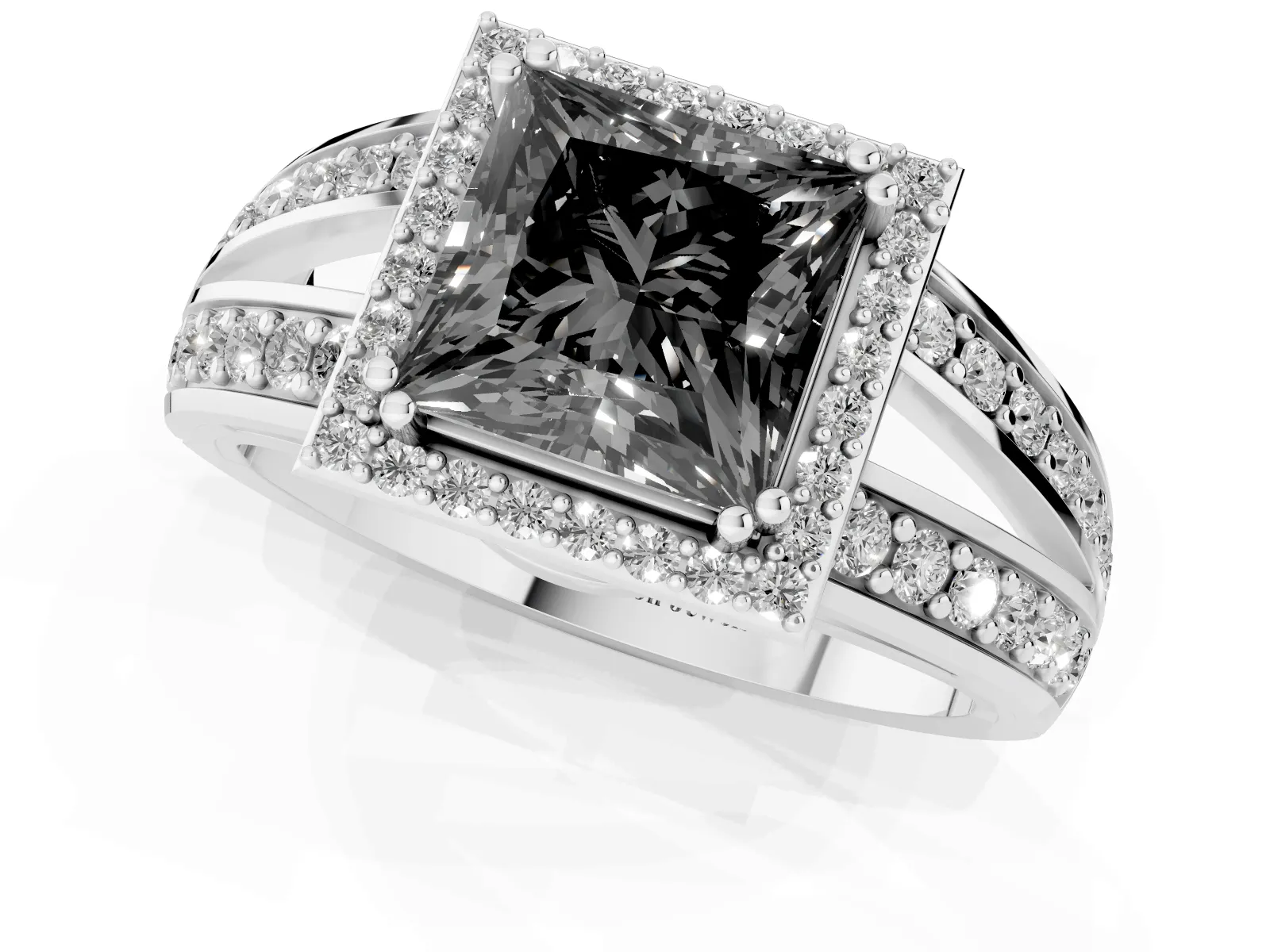 Fancy Black Princess Cut Diamond Halo Ring with Split Shank Pavé Band and Four-Prong Setting Platinum