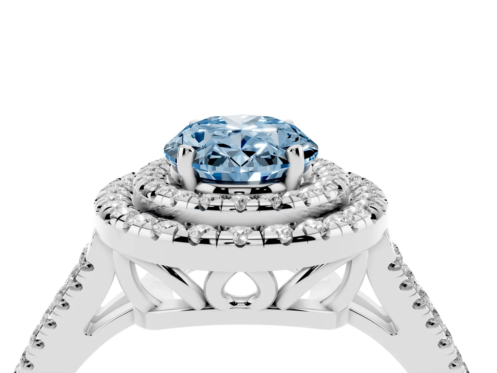 Fancy Blue Oval Cut Diamond Double Halo Ring with Pavé Band and Prong Setting Platinum