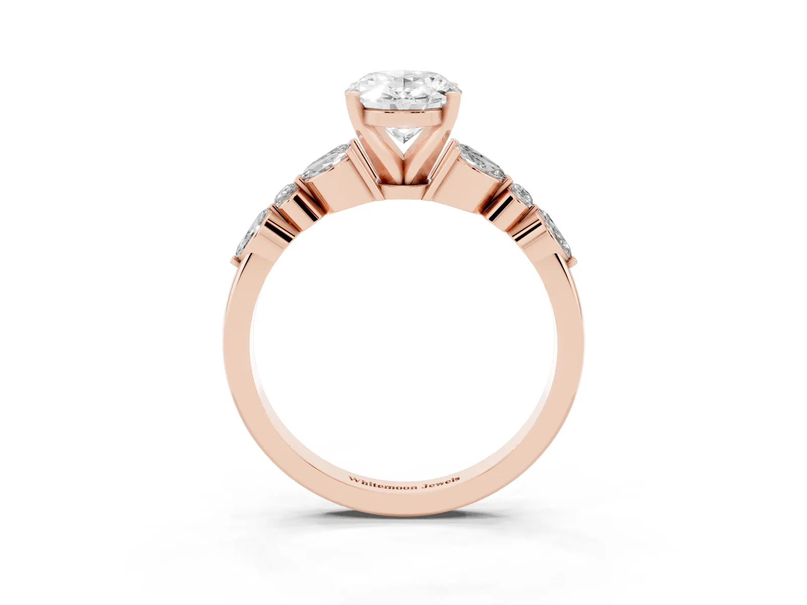 Oval Cut Diamond Solitaire Ring with Side Stones and Four-Prong Setting Rose gold
