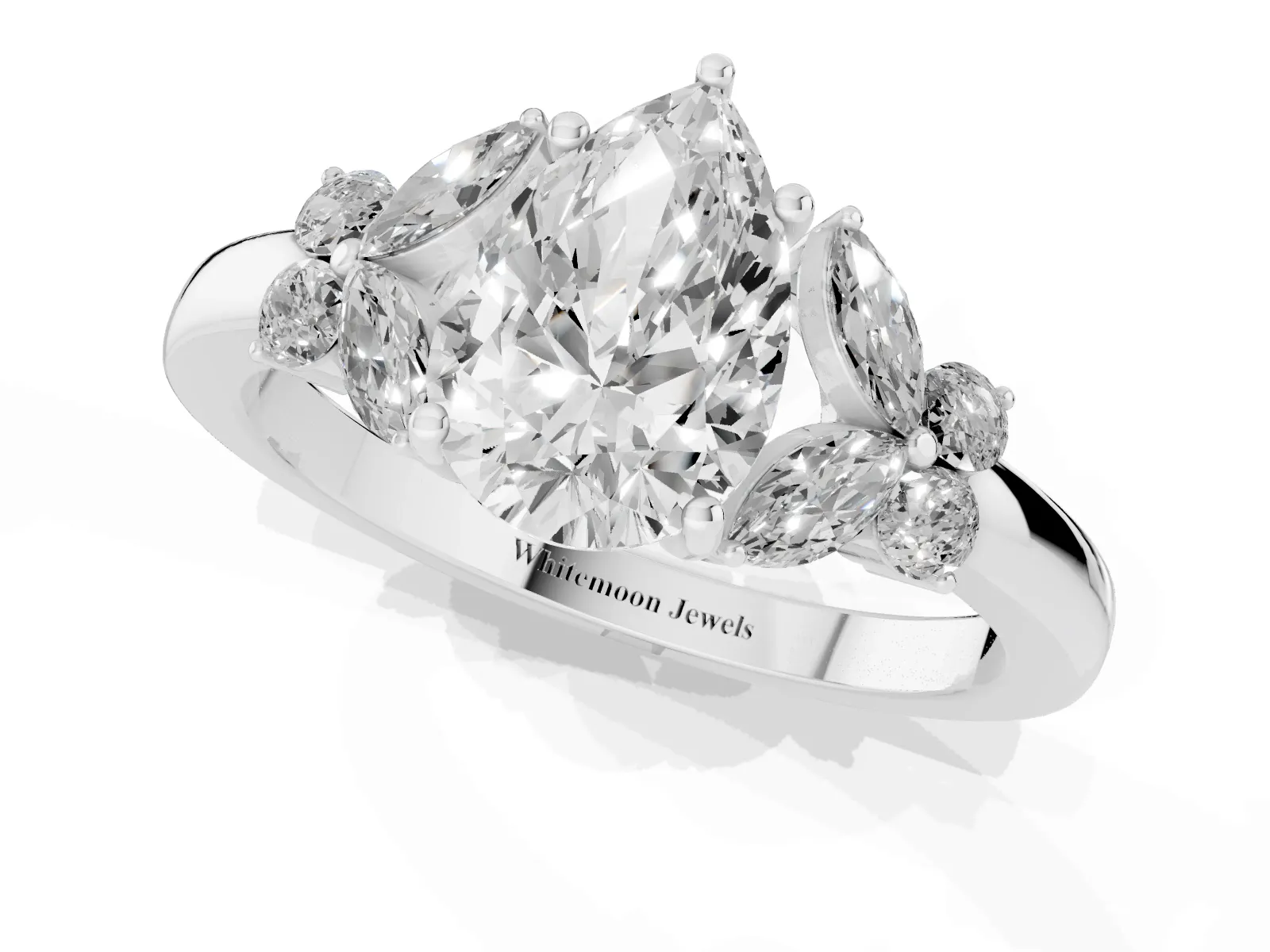 Pear Cut Cut Solitaire Floral Diamond Ring with Four-Prong Setting Platinum
