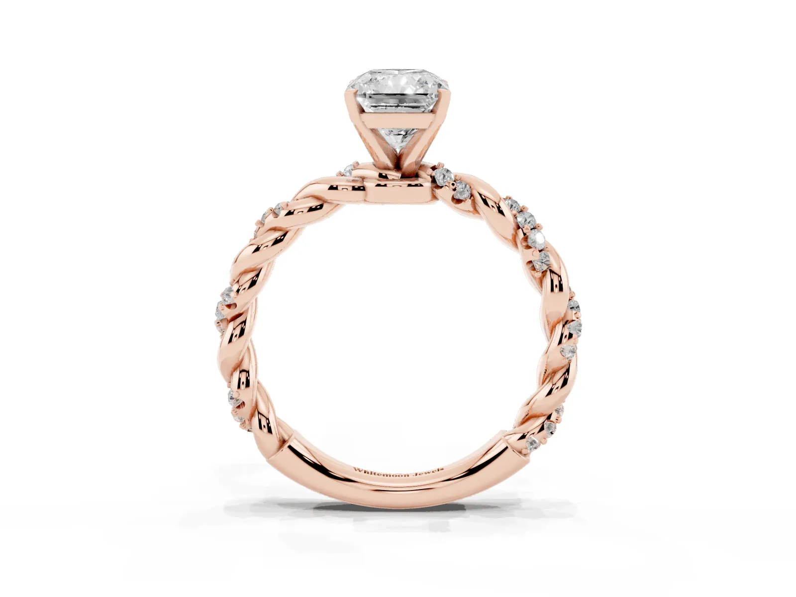 Radiant Cut Diamond Solitaire Ring with Twisted Band and Pavé Accents Rose gold