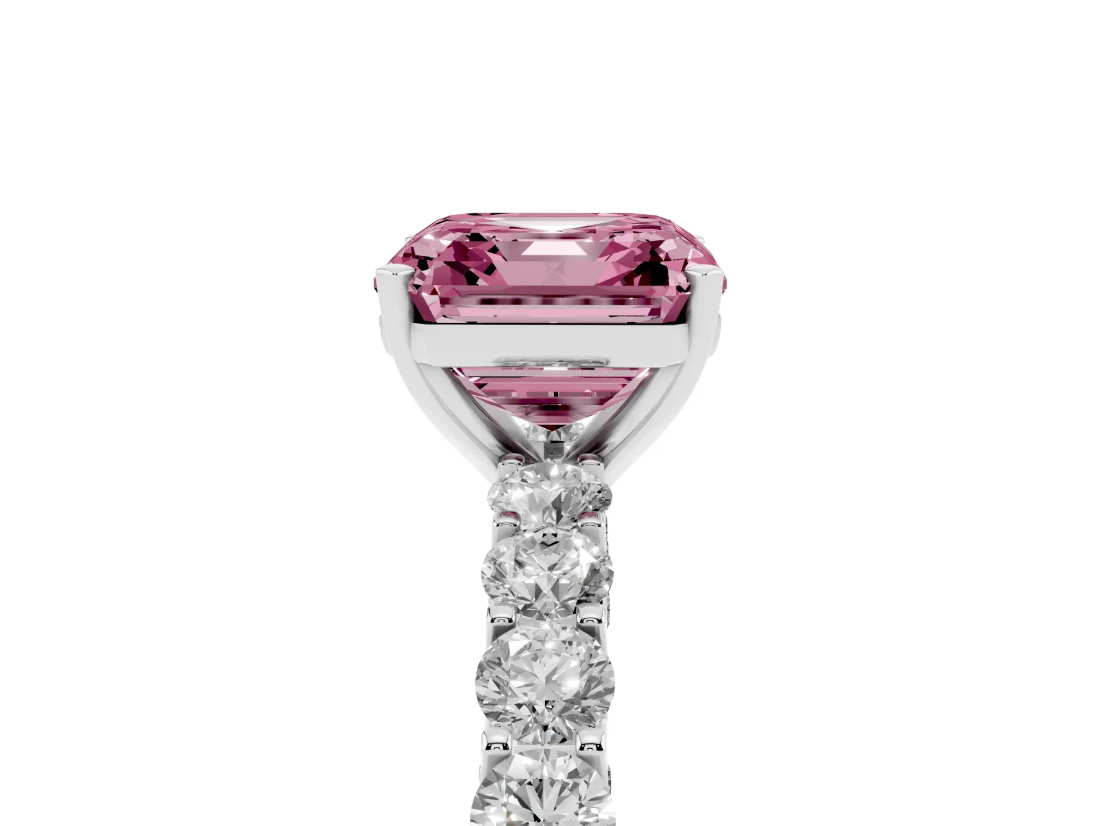 Fancy Pink Asscher Cut Diamond Solitaire Ring with Shared Prong Pavé Band and Four-Prong Setting White gold