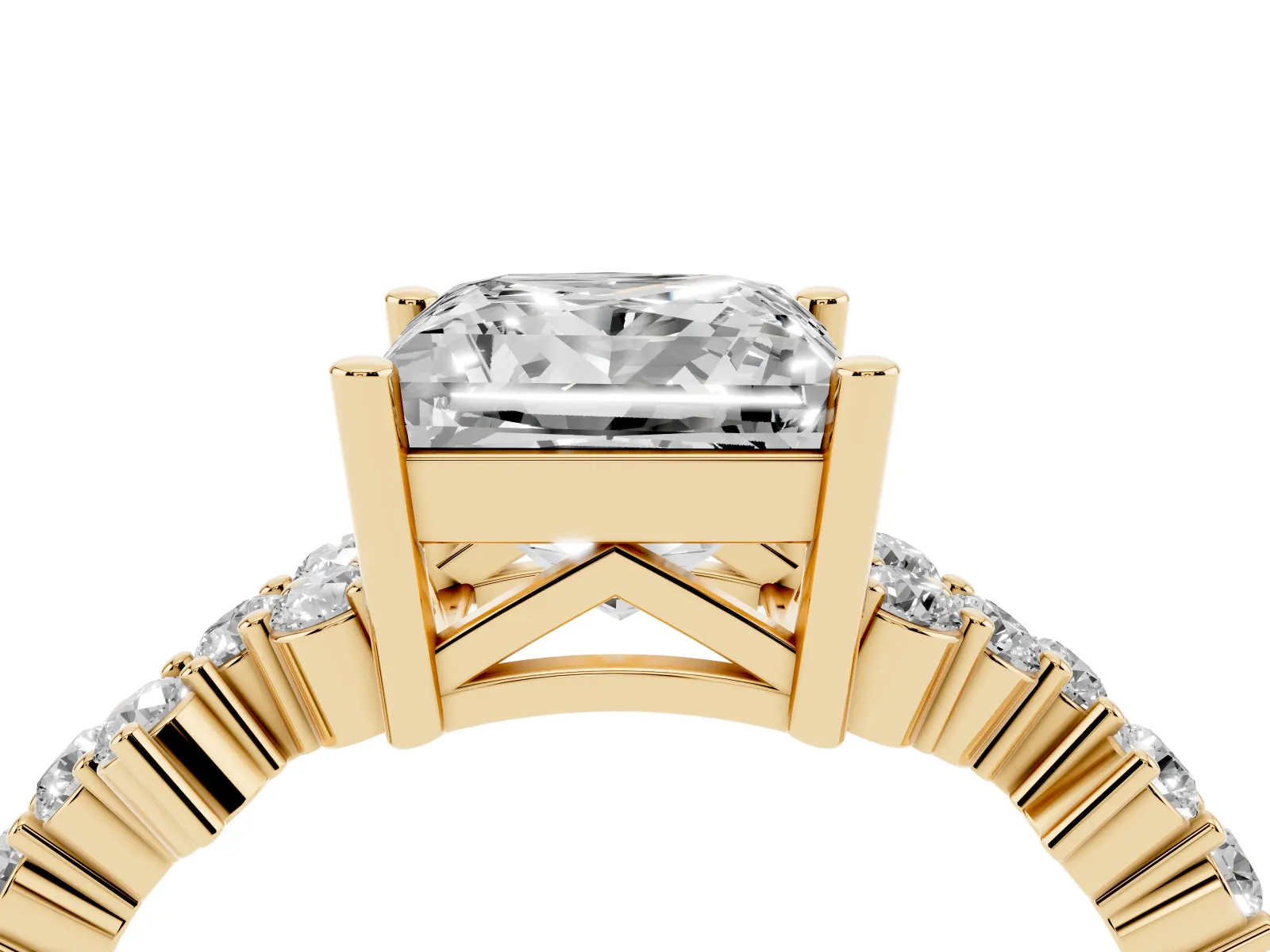 Princess Cut Diamond Scattered Round Accent Ring with Prong Setting Yellow gold