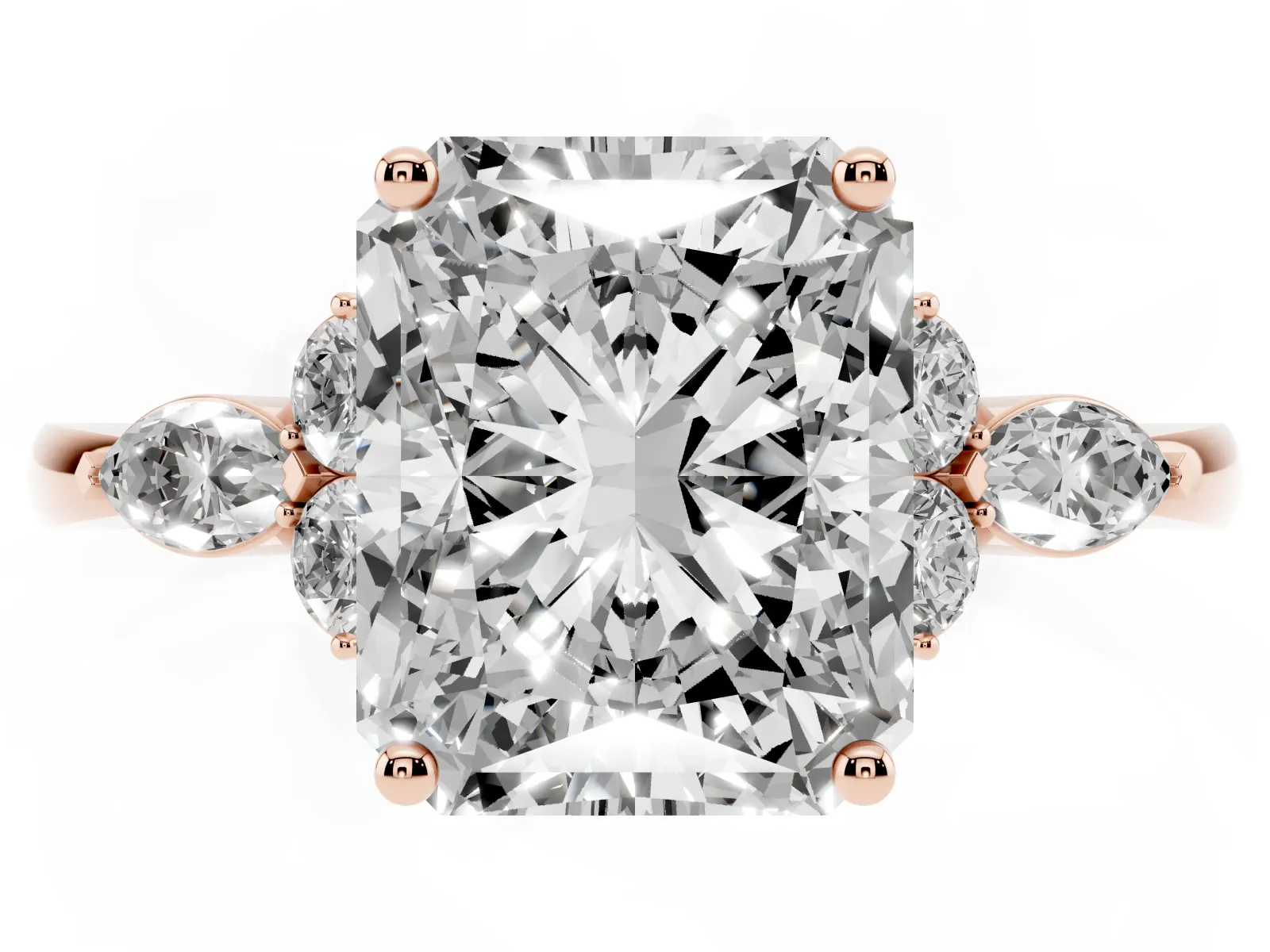 Radiant Cut Brilliant Diamond Solitaire Ring with Pear Side Stones and Four-Prong Setting Rose gold
