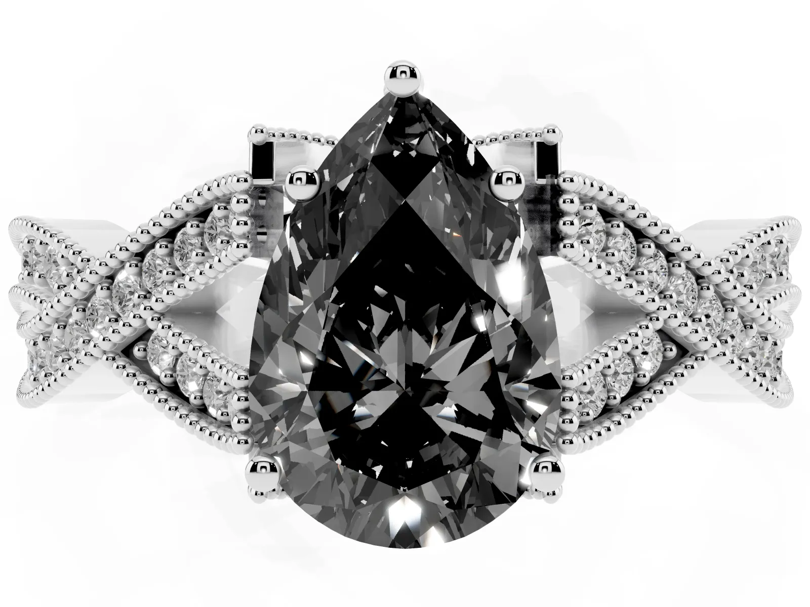 Fancy Black Pear Cut Cut Diamond Twisted Band with Milgrain Pave Setting and Four-Prong Setting Platinum