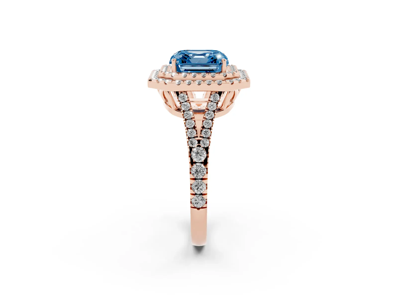 Fancy Blue Asscher Cut Diamond Double Halo Ring with Pavé Band and Prong Setting Rose gold