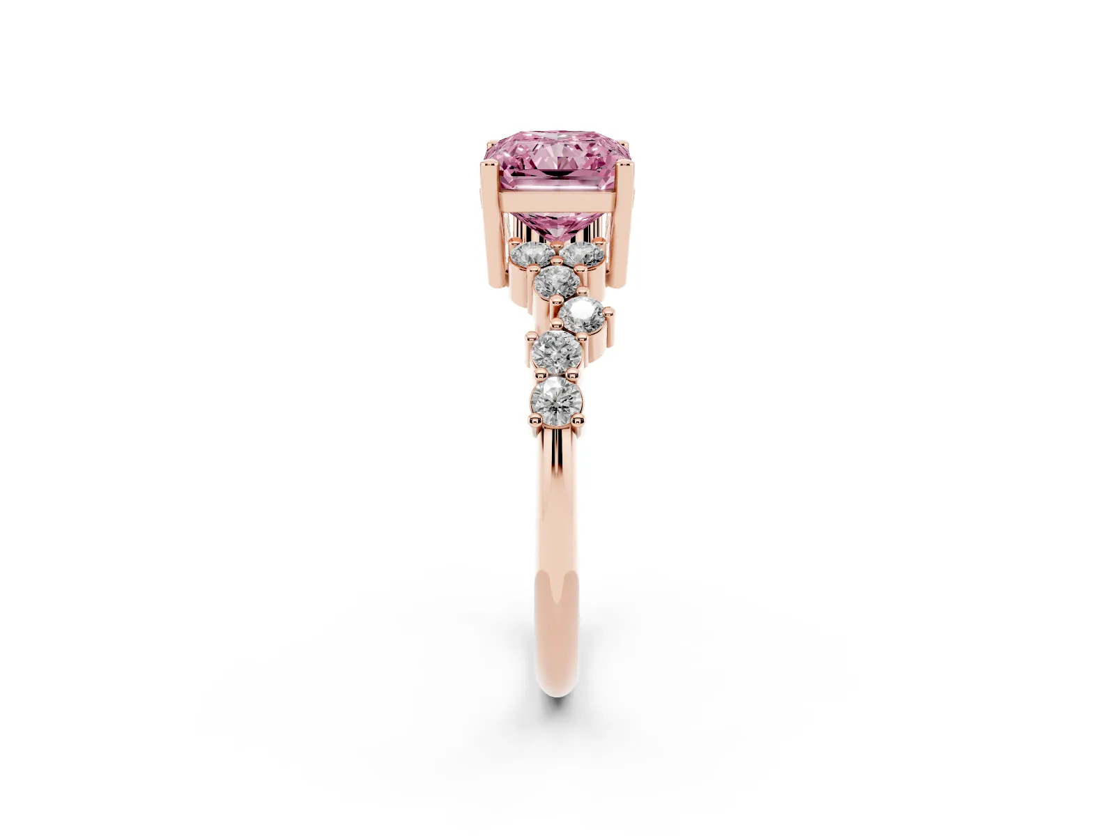 Fancy Pink Radiant Cut Diamond Scattered Round Accent Ring with Prong Setting Rose gold