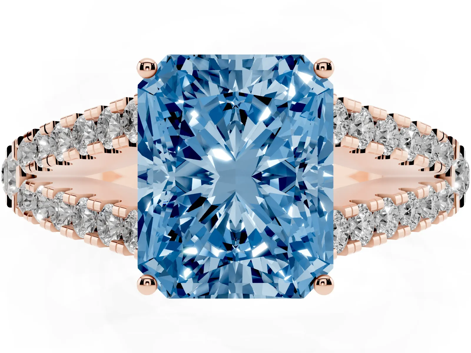 Fancy Blue Radiant Cut Diamond Split Shank Engagement Ring with Round Pavé and Prong Setting Rose gold