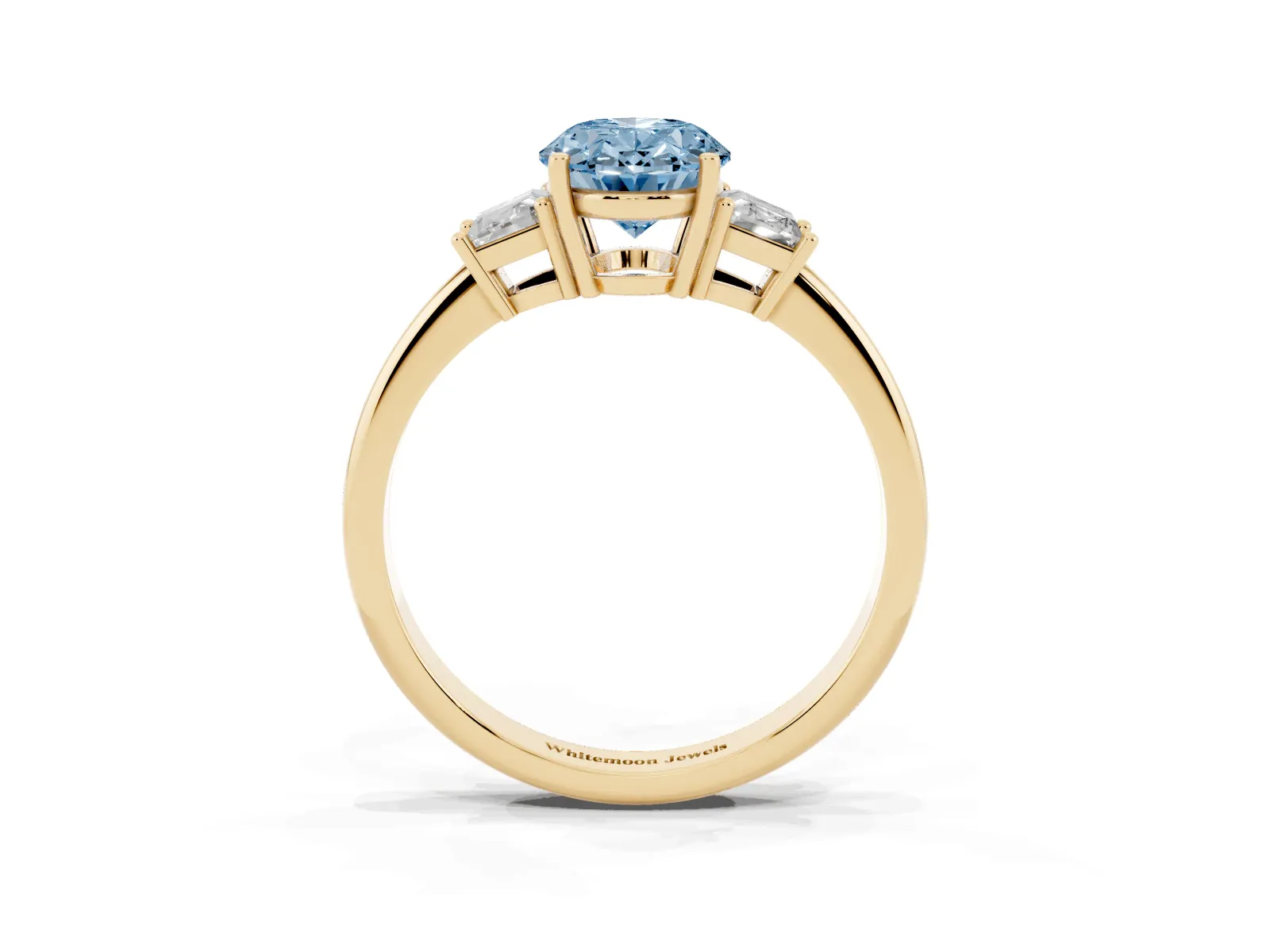 Fancy Blue Oval Cut Diamond Three-Stone Ring with Trapezoid Side Stones and Prong Setting Yellow gold