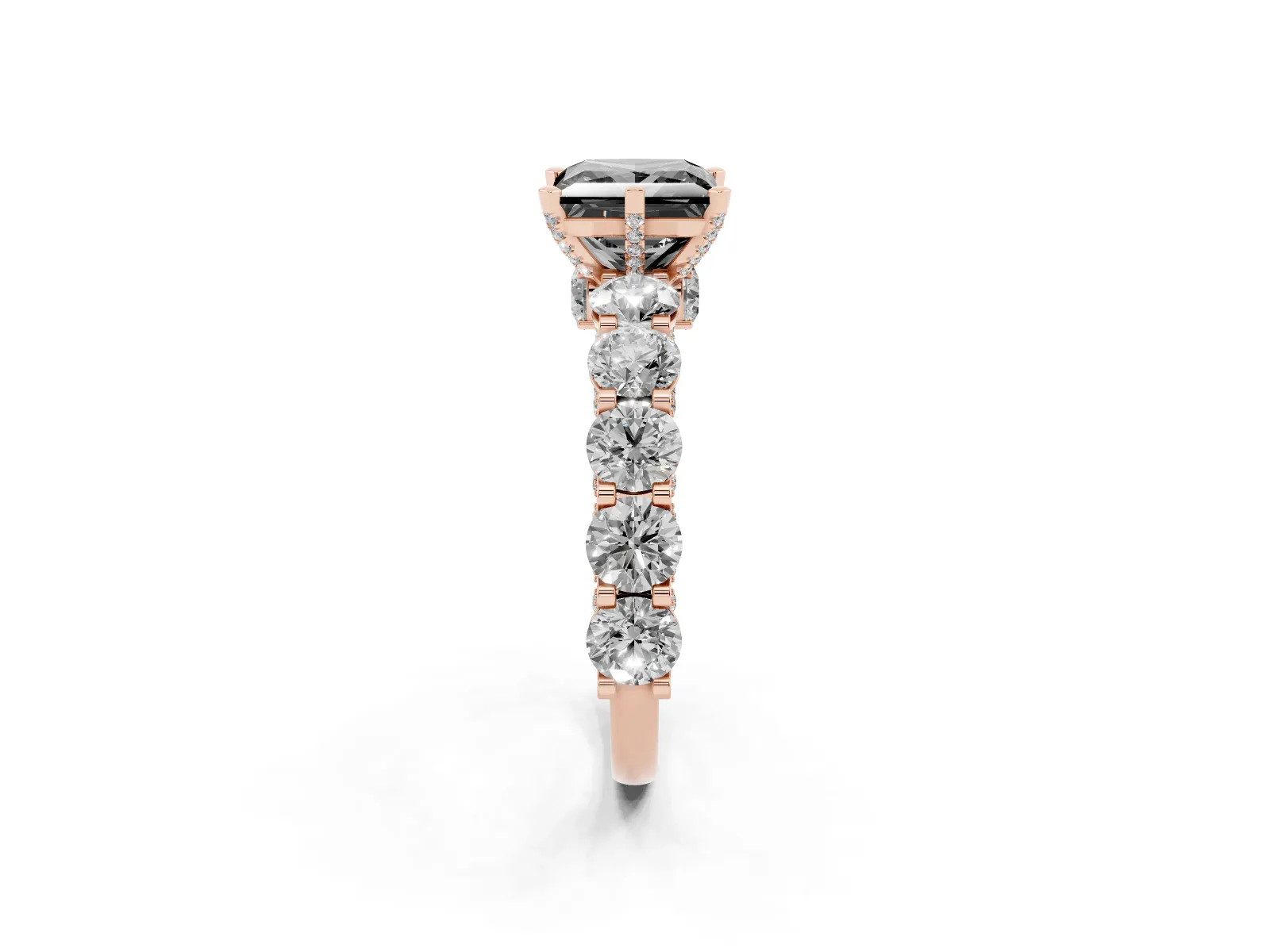 Fancy Black Princess Cut Diamond Side Stone Engagement Ring with Four-Prong Setting Rose gold