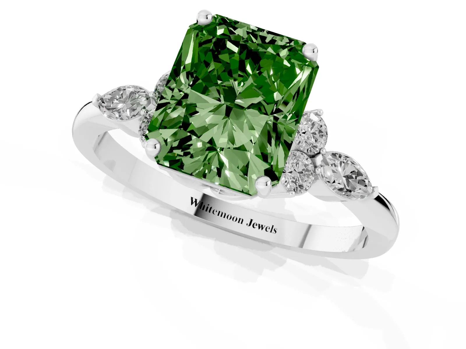 Fancy Green Radiant Cut Brilliant Diamond Solitaire Ring with Pear Side Stones and Four-Prong Setting White gold