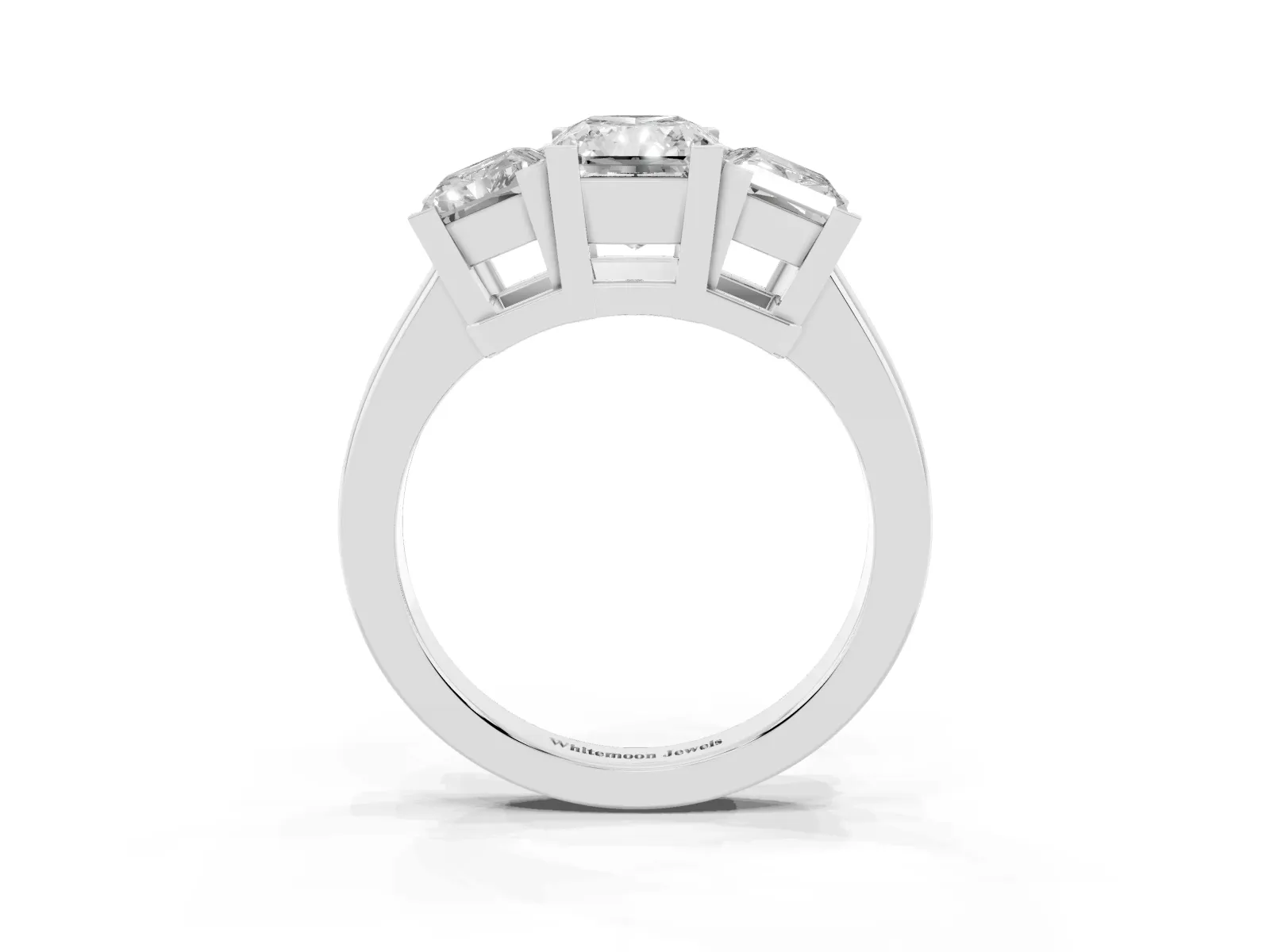 Three-Stone Radiant Cut Cut Diamond Ring with Channel Set Band and Four-Prong Setting Platinum