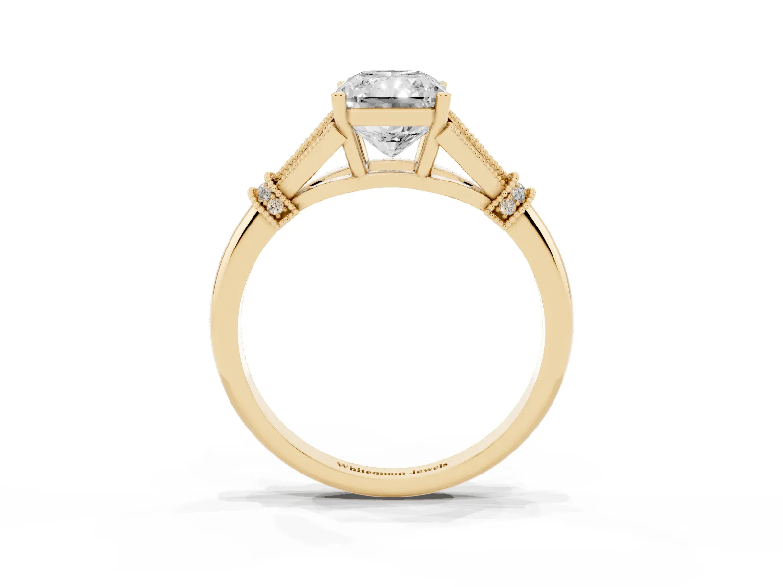 Radiant Cut Diamond Solitaire Ring with Floral Filigree and Pave Accents Yellow gold
