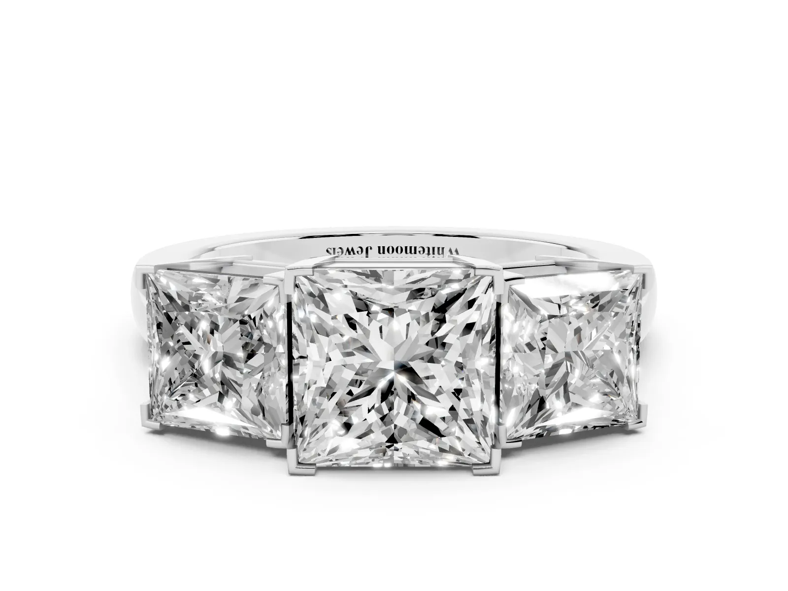 Three-Stone Princess Cut Cut Diamond Ring with Channel Set Band and Four-Prong Setting White gold