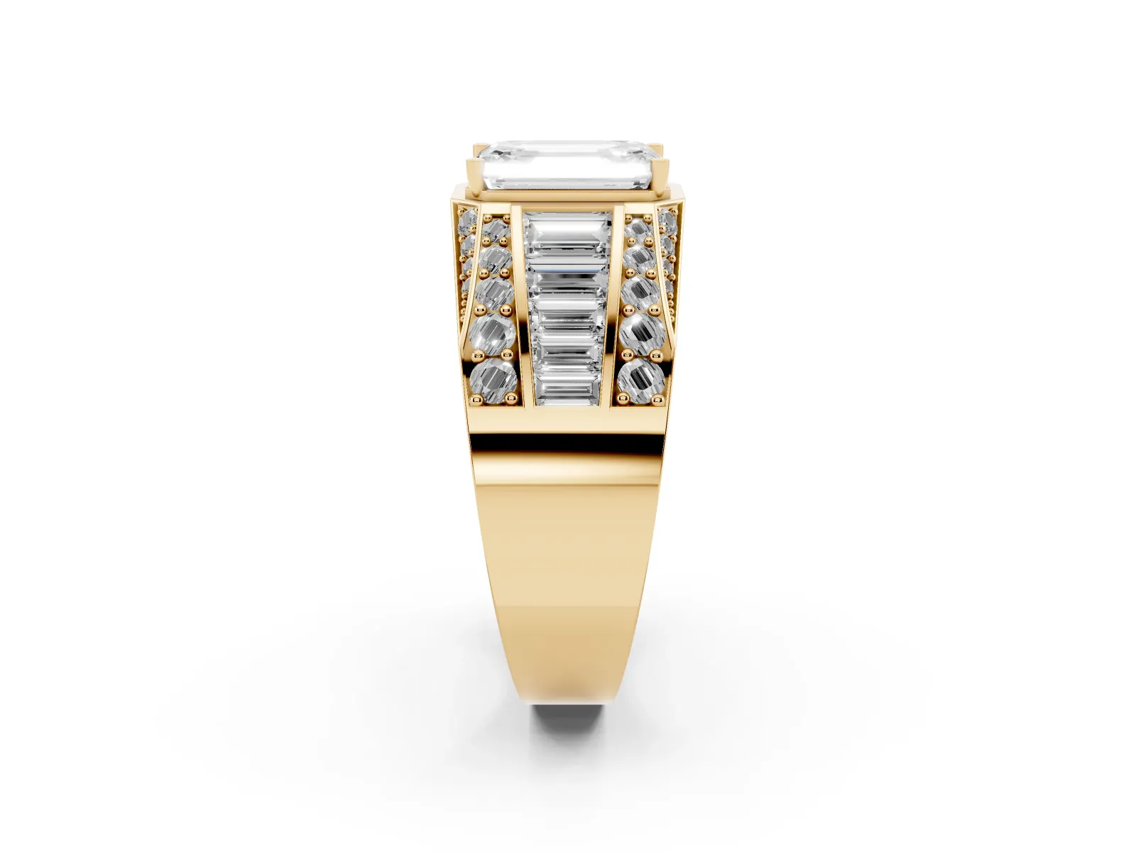 Emerald Cut Diamond Mens Ring with Baguette Side Stones Yellow gold