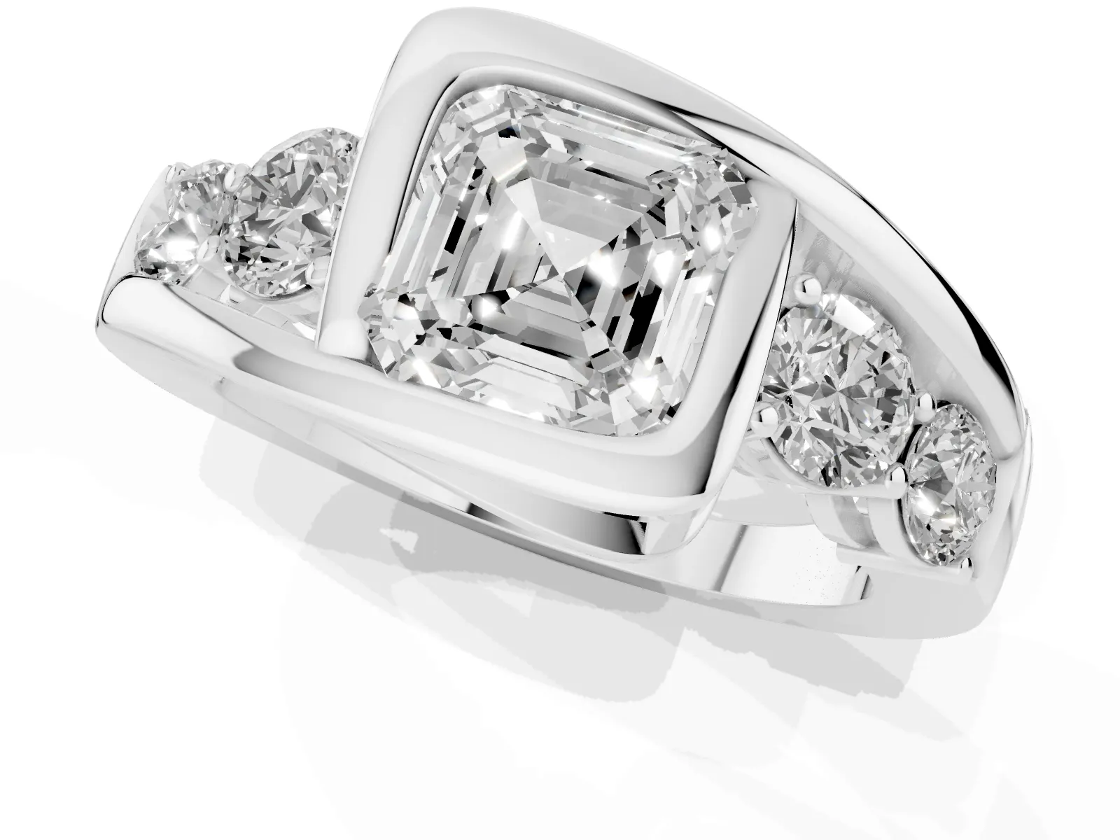 Bezel Set Asscher Cut Diamond Bypass Ring with Round Accents Platinum