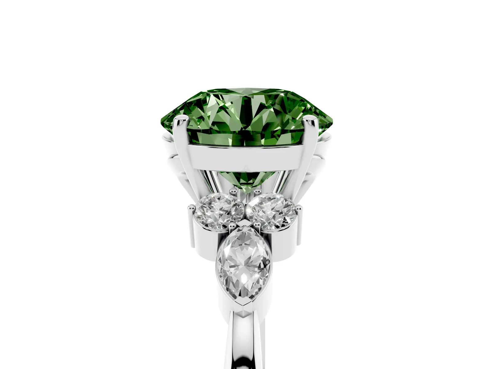 Fancy Green Round Cut Brilliant Diamond Solitaire Ring with Pear Side Stones and Four-Prong Setting Platinum
