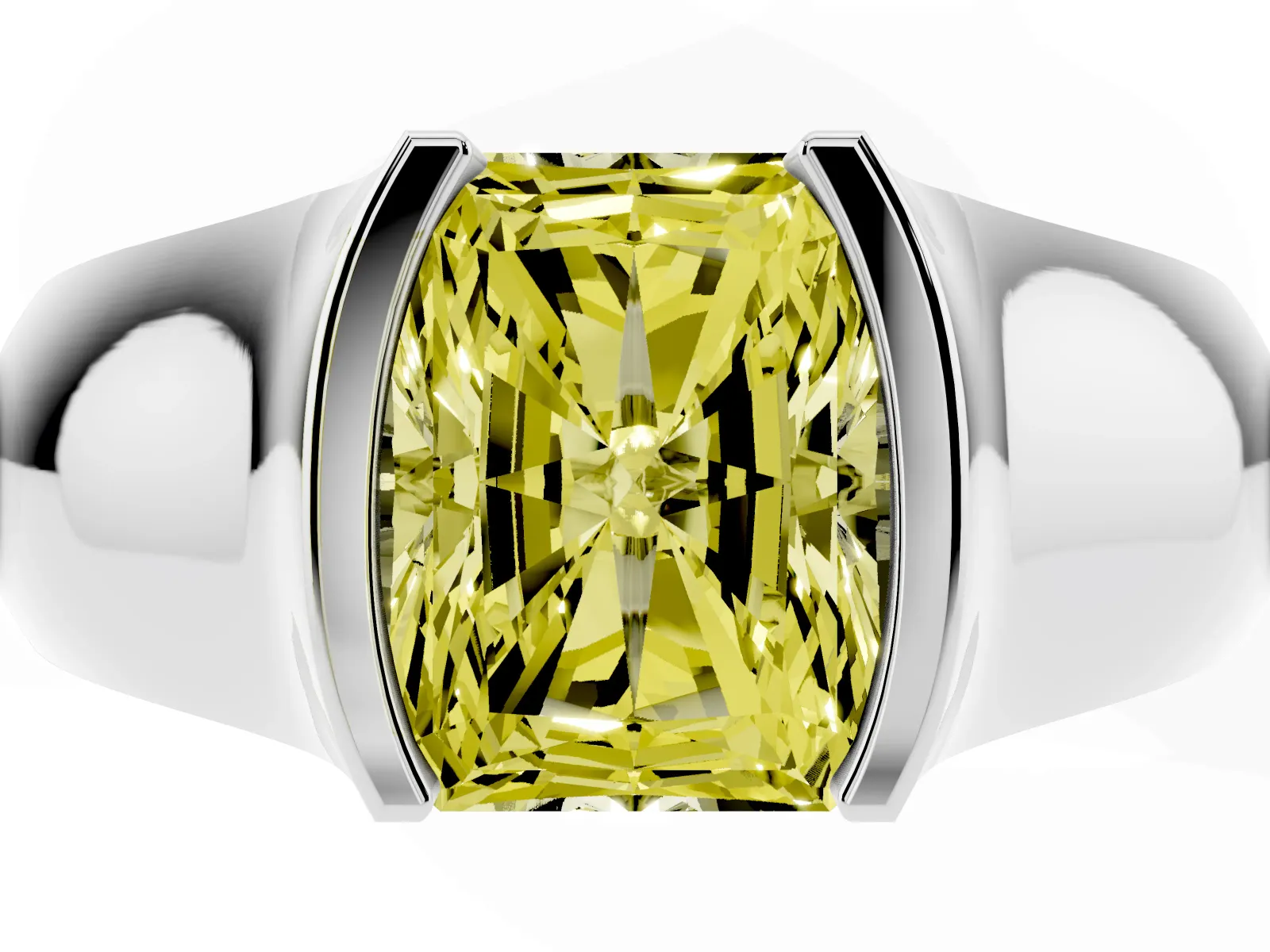 Fancy Yellow Radiant Cut Solitaire Bezel Set Diamond Ring with Wide Band White gold