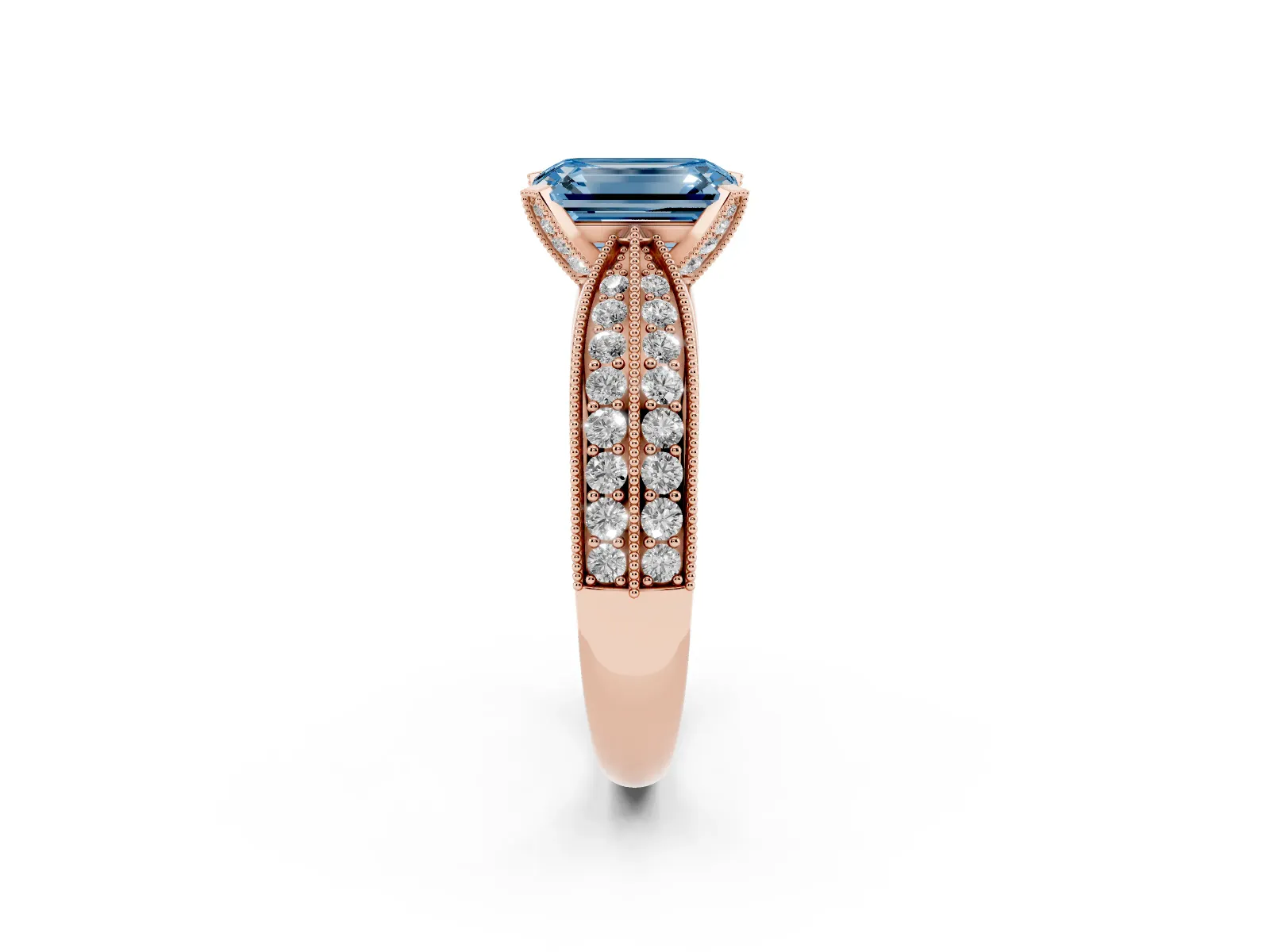 Fancy Blue Emerald Cut Diamond Solitaire Ring with Milgrain Round Pavé Band and Prong Setting Rose gold
