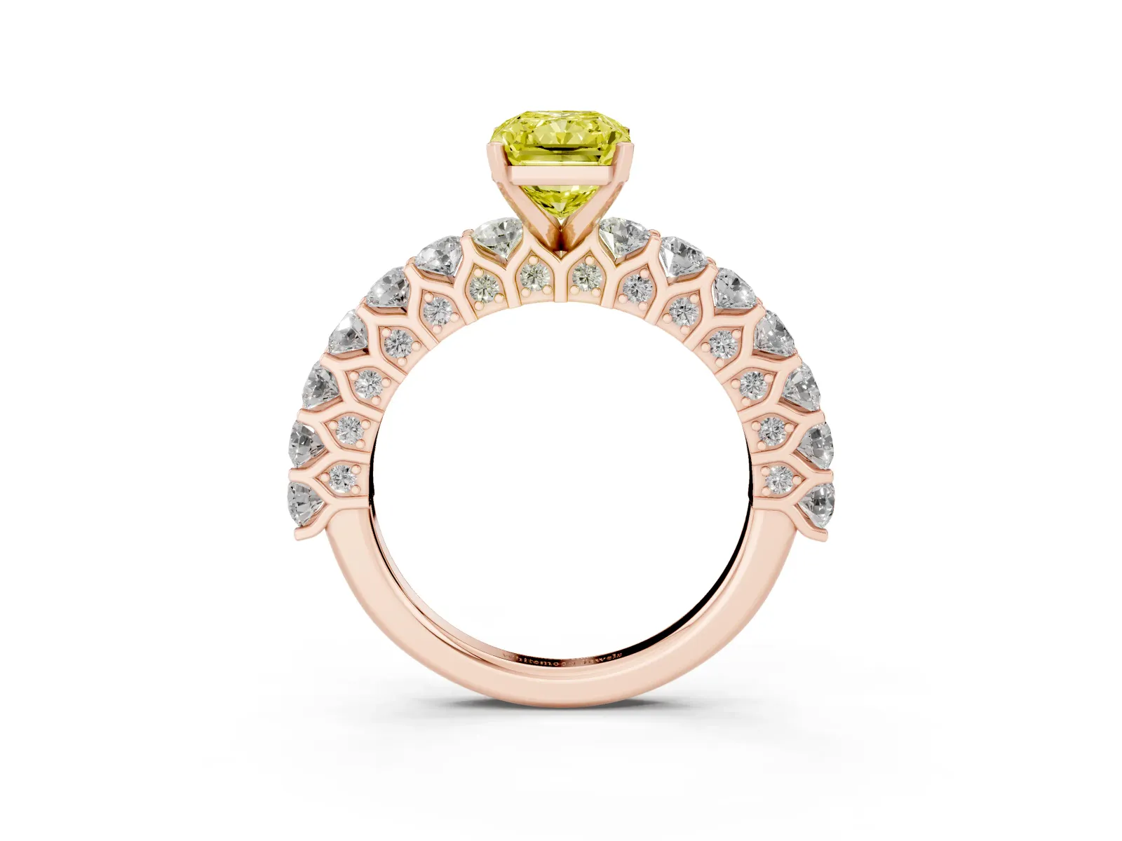Fancy Yellow Radiant Cut Diamond Solitaire Ring with Shared Prong Pavé Band and Four-Prong Setting Rose gold