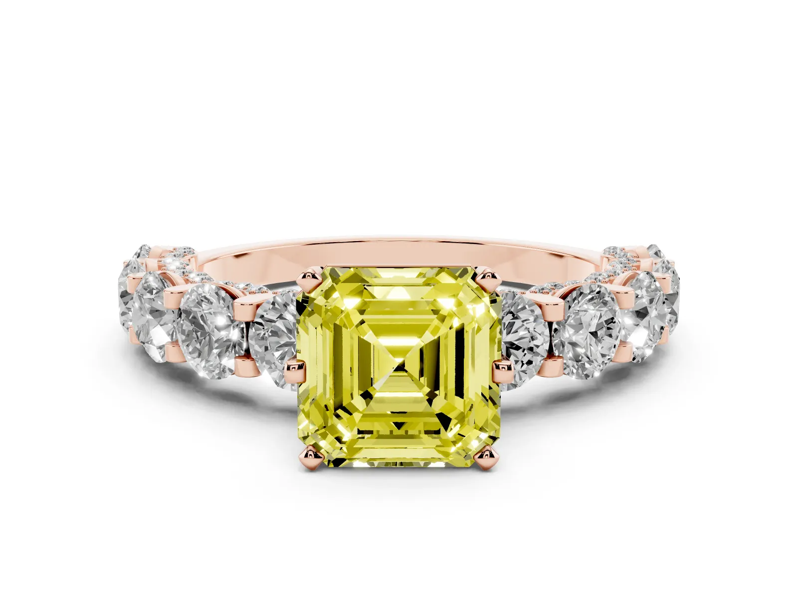 Fancy Yellow Asscher Cut Diamond Side Stone Engagement Ring with Four-Prong Setting Rose gold