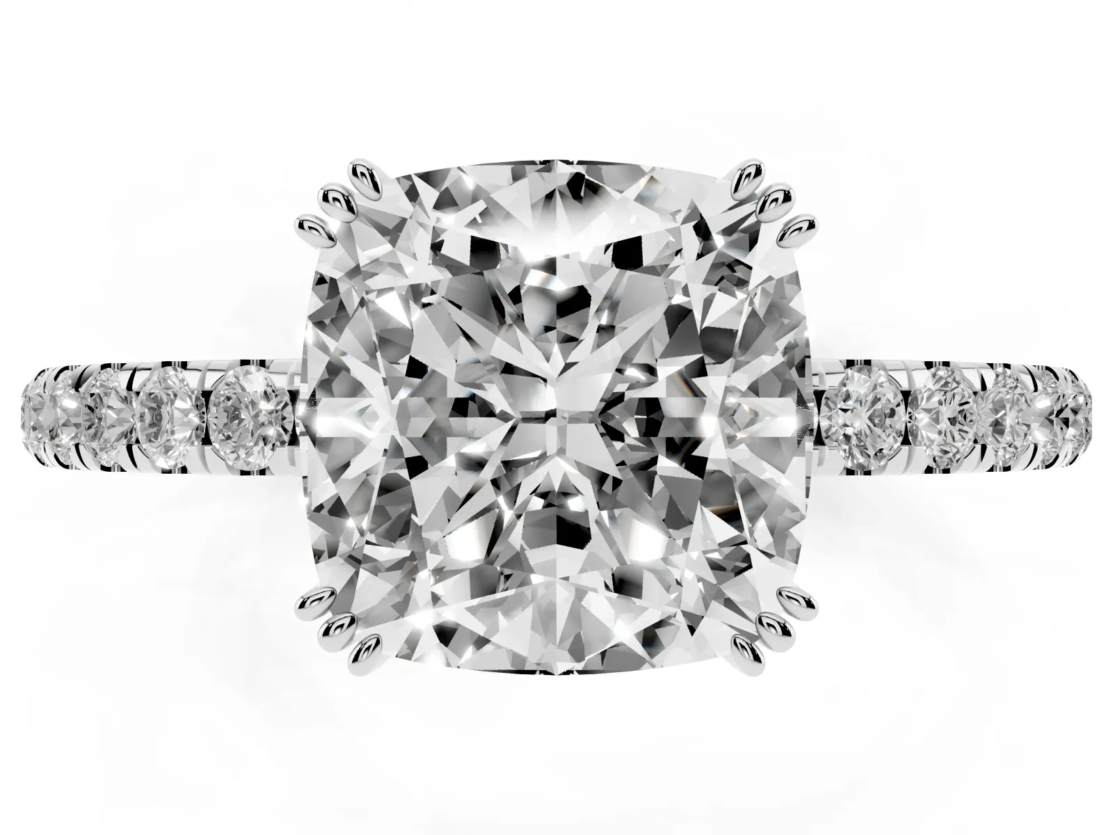 Cushion Cut Brilliant Solitaire with Pavé Band and Claw Prong Setting Silver