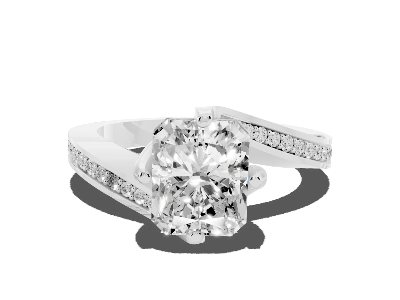 Radiant Cut Solitaire Diamond Twist Band with Pavé Setting and Four-Prong Setting Platinum