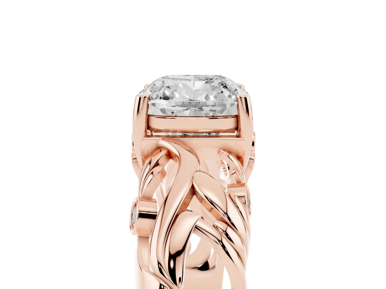 Cushion Cut Solitaire Diamond Leaf-Inspired Vine Band Ring with Prong Setting Rose gold