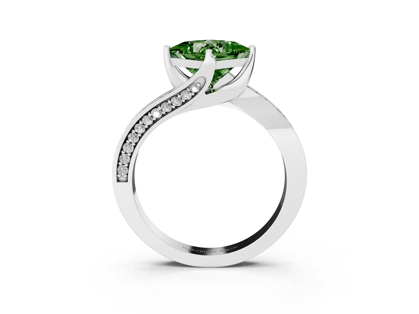 Fancy Green Princess Cut Solitaire Diamond Twist Band with Pavé Setting and Four-Prong Setting Platinum