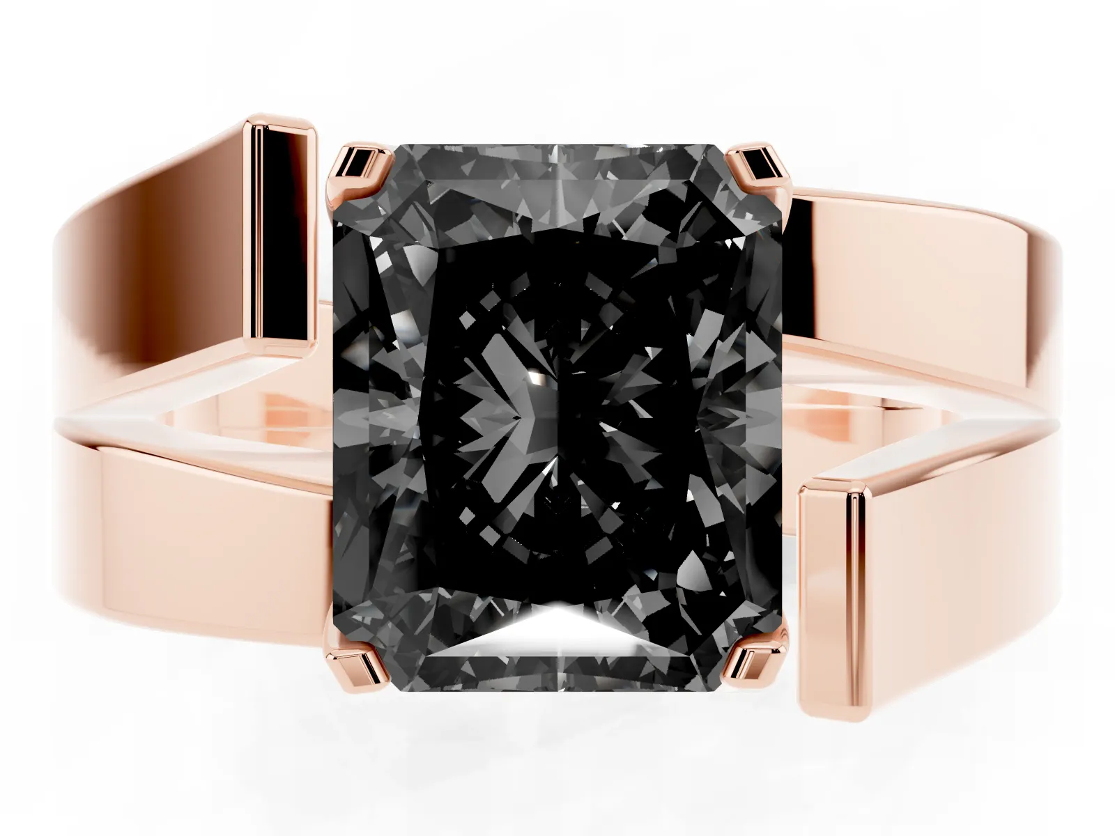 Fancy Black Modern Tension Set Radiant Cut Diamond Solitaire Wide Band Ring Rose gold