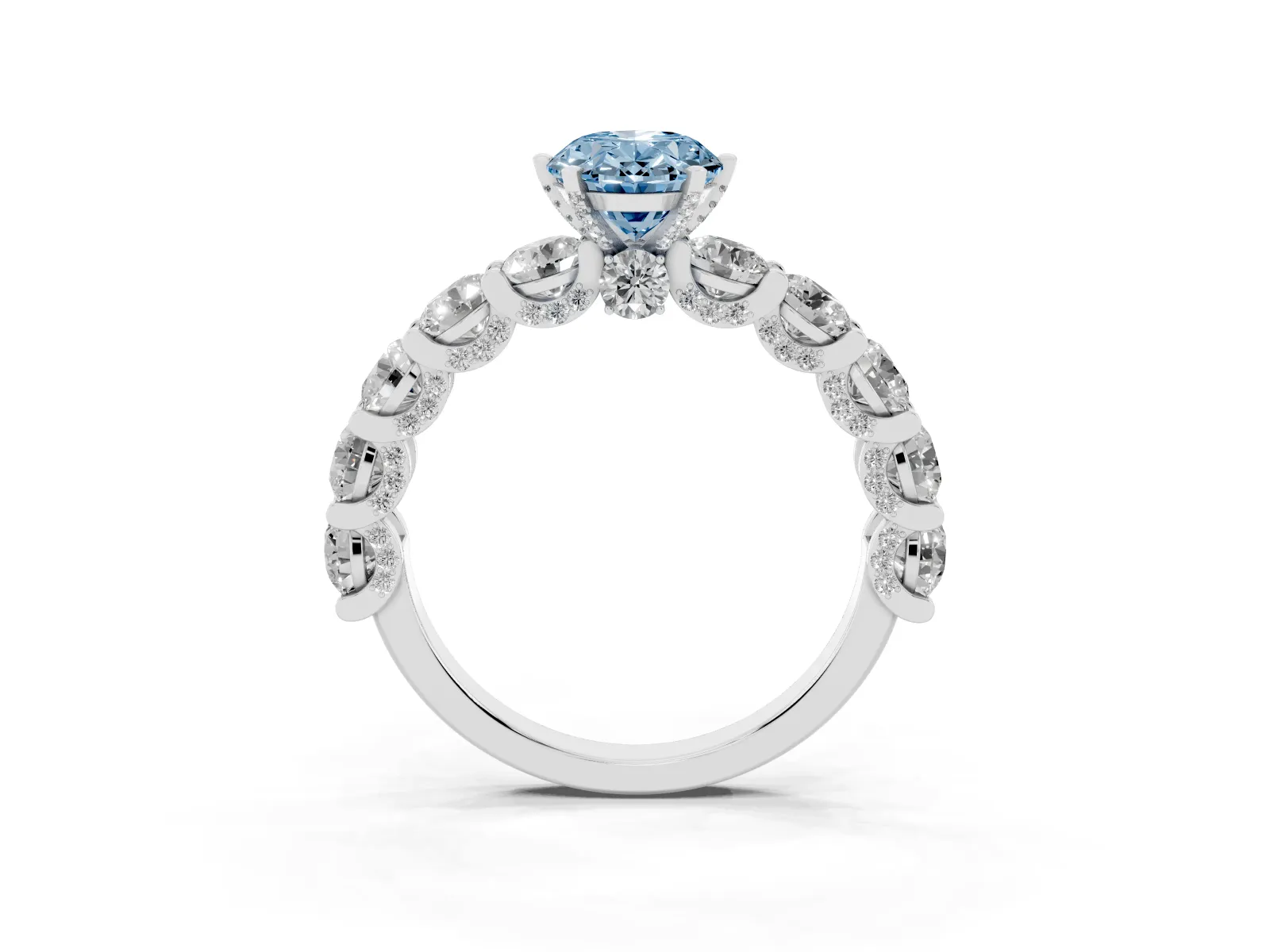 Fancy Blue Oval Cut Diamond Side Stone Engagement Ring with Four-Prong Setting White gold