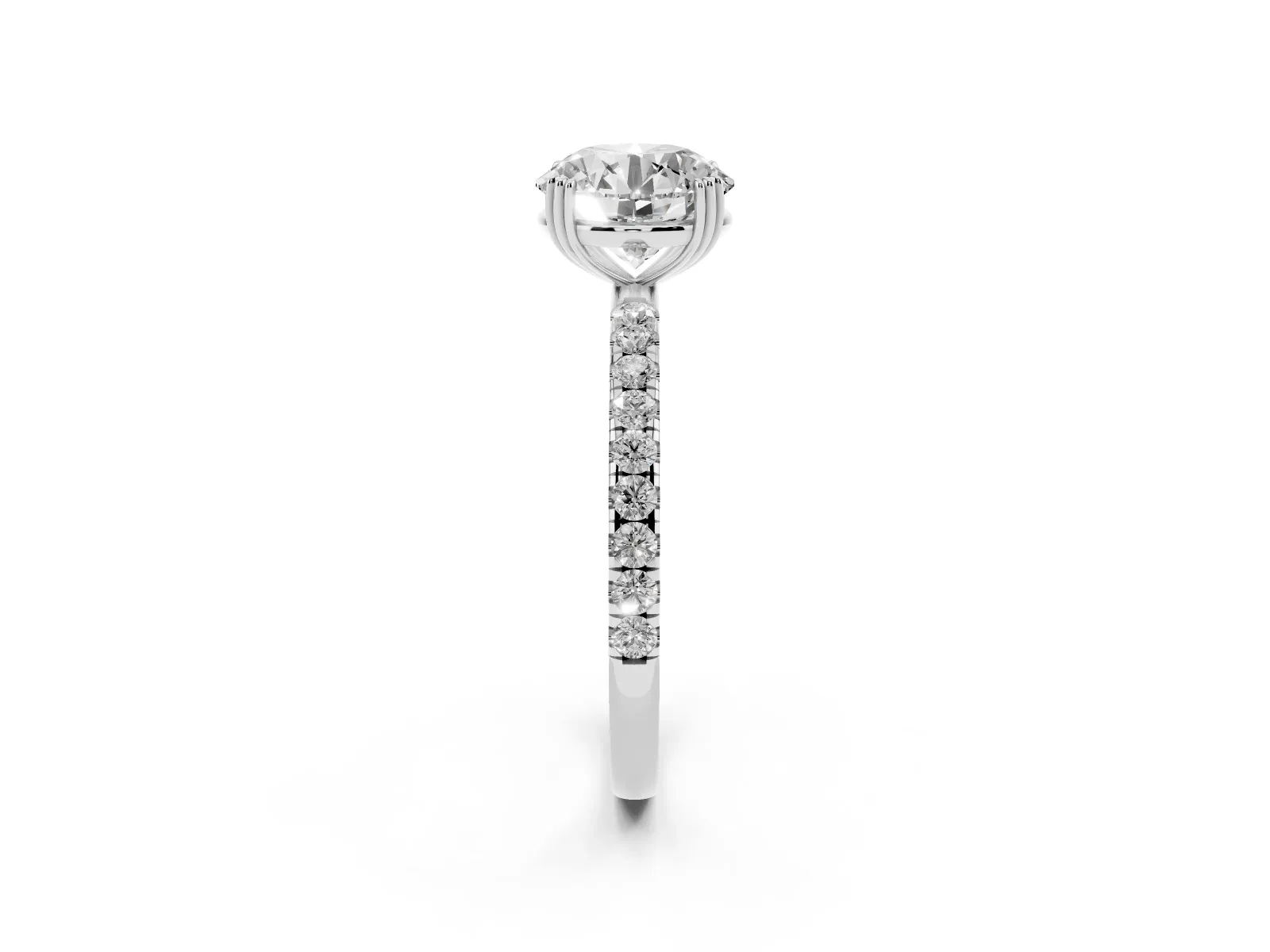 Round Cut Brilliant Solitaire with Pavé Band and Claw Prong Setting Platinum