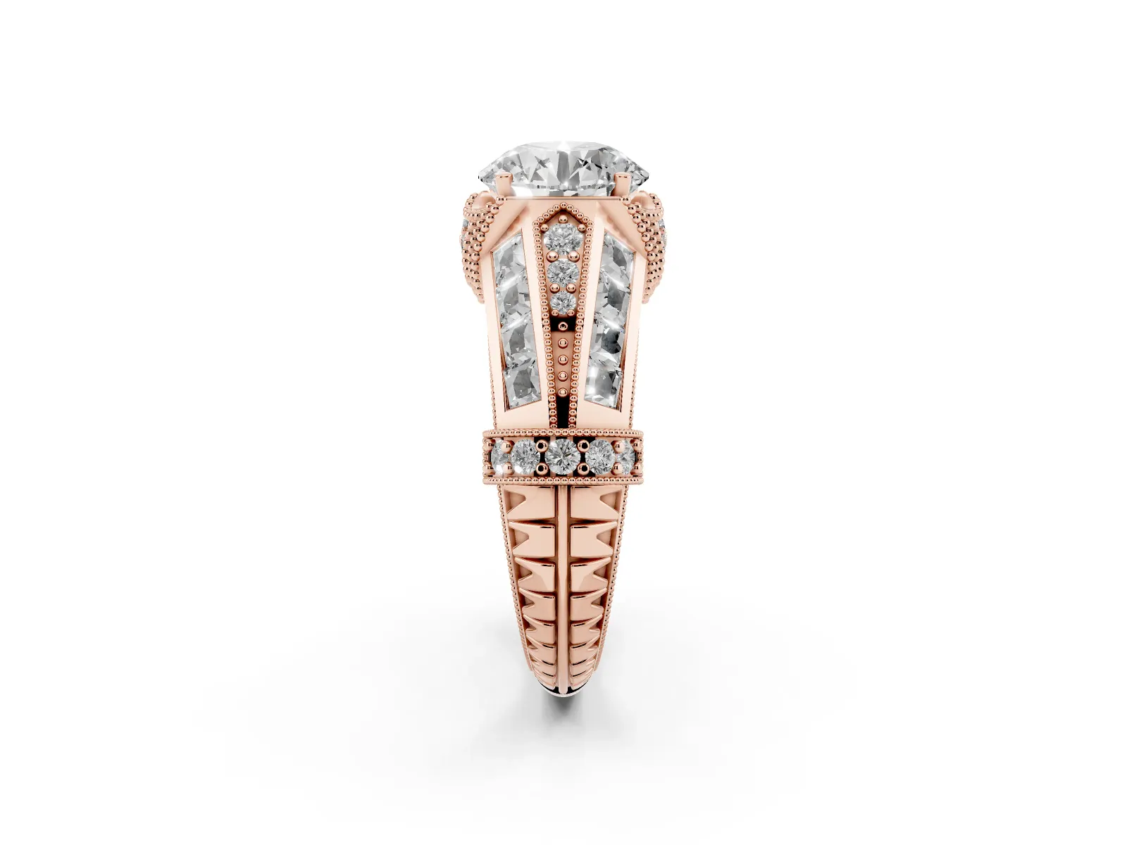 Vintage Milgrain Round Cut Diamond Split Shank Ring with Prong Setting Rose gold