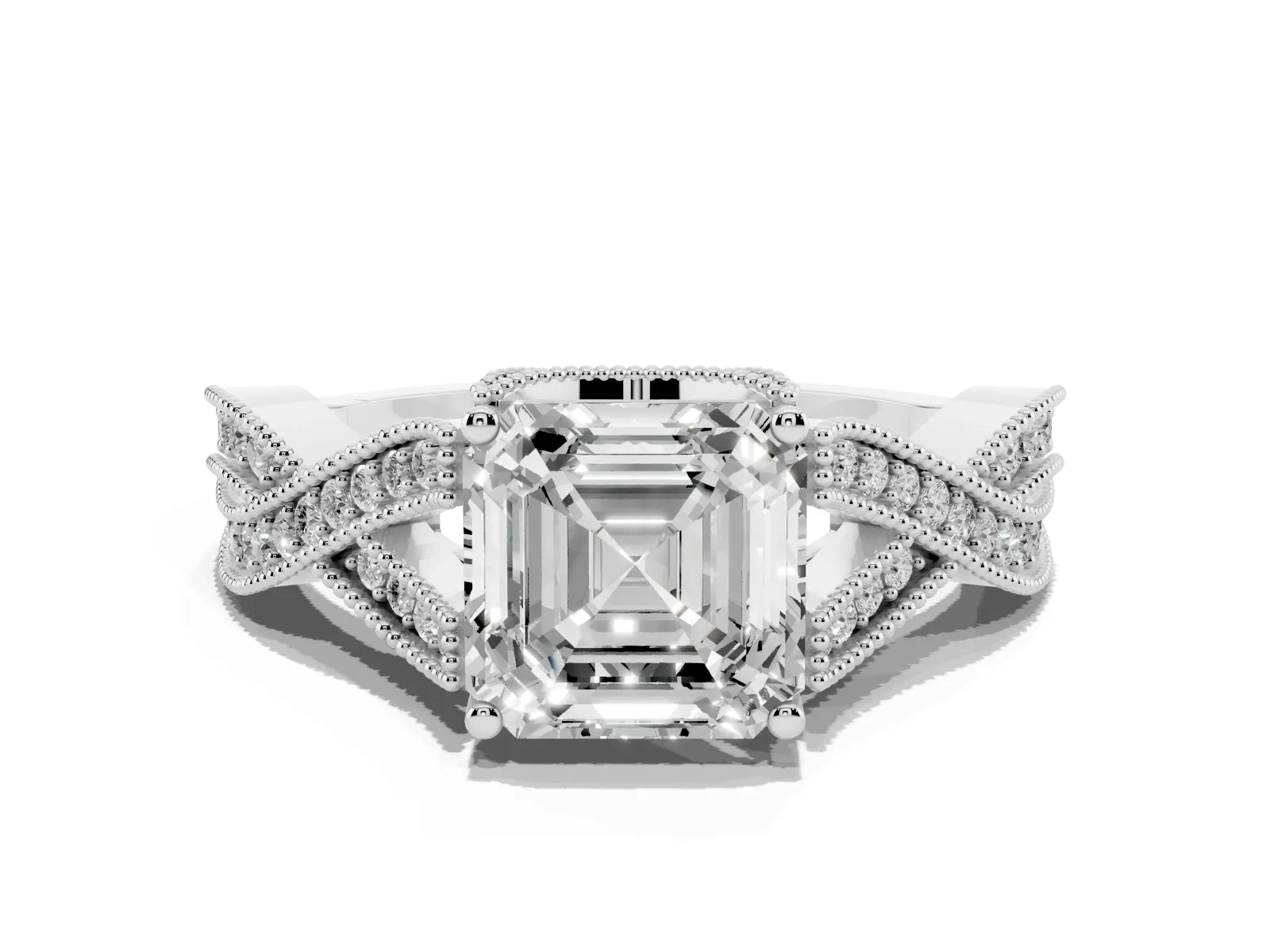 Asscher Cut Cut Diamond Twisted Band with Milgrain Pave Setting and Four-Prong Setting Platinum